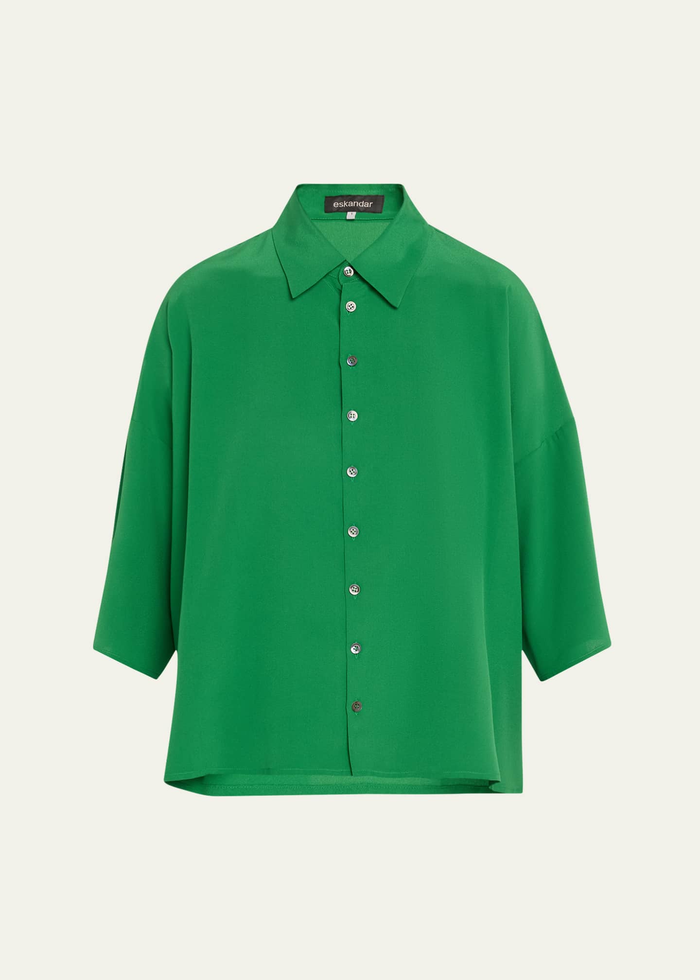 Eskandar Sloped-Shoulder Wide A-Line Short-Sleeve Shirt With Collar (Mid Length) Image 1 of 5