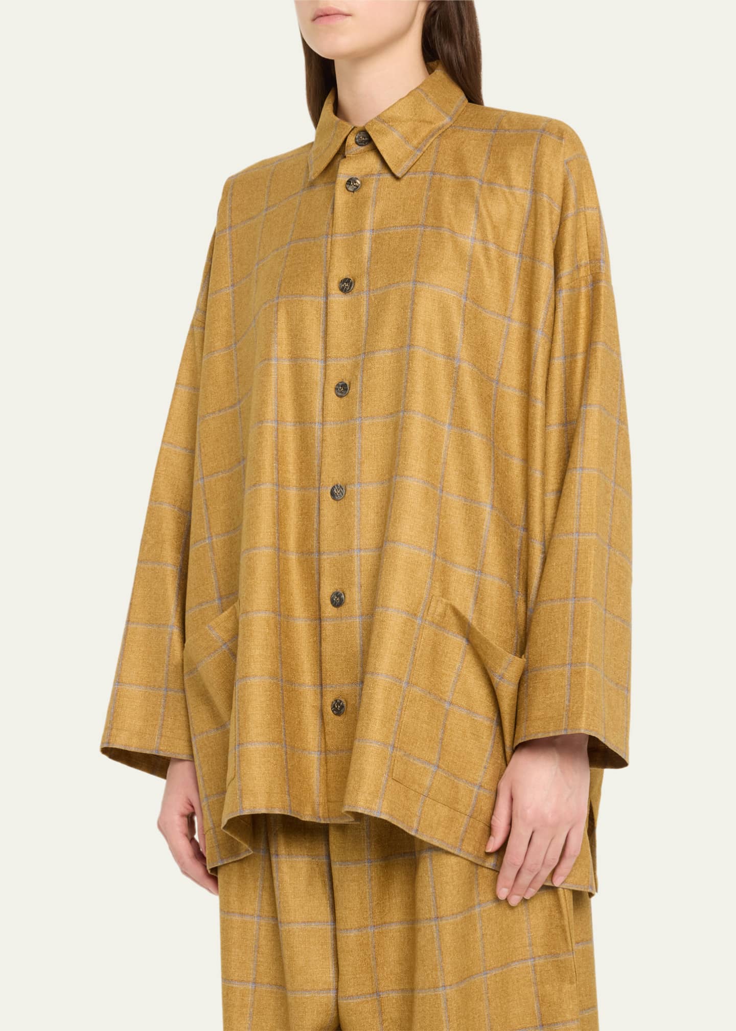 Eskandar Wide A-Line Shirt Jacket With Collar (Long Length 
