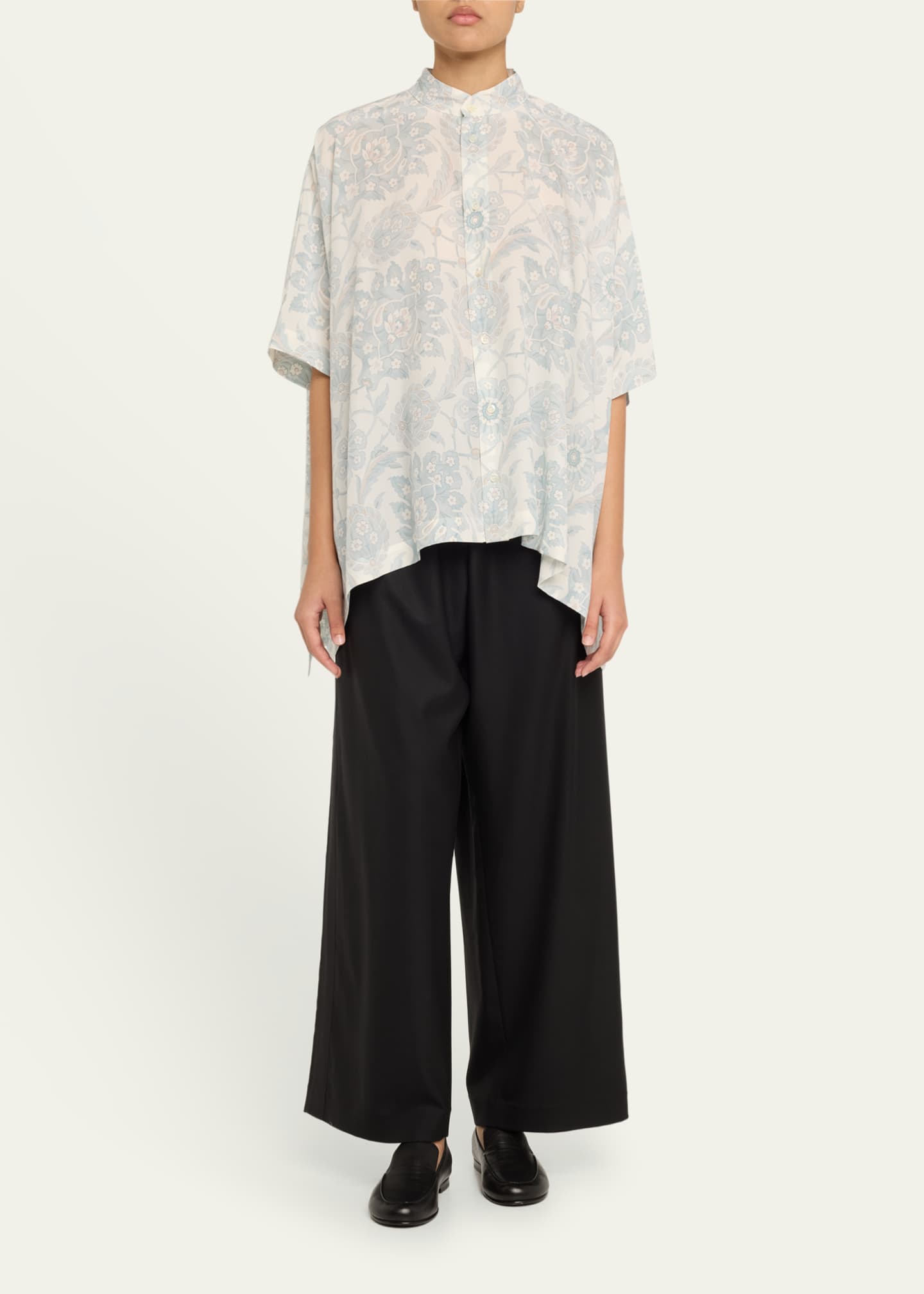 Eskandar Collarless Longer Back Kaftan Shirt (Mid Plus Length) Image 2 of 5