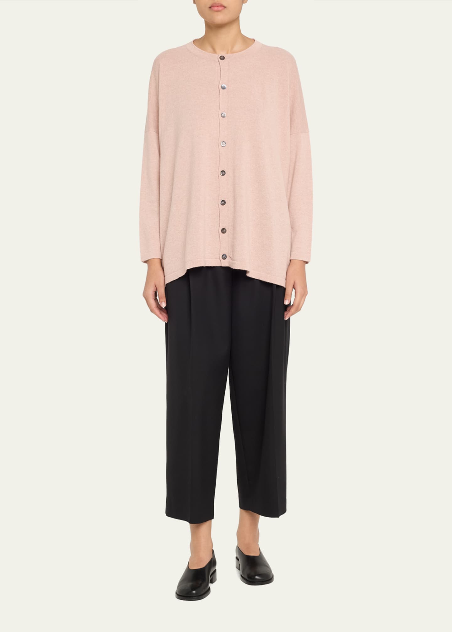 Eskandar Round Neck Slim Sleeve Cardigan (Mid Plus Length) Image 2 of 5