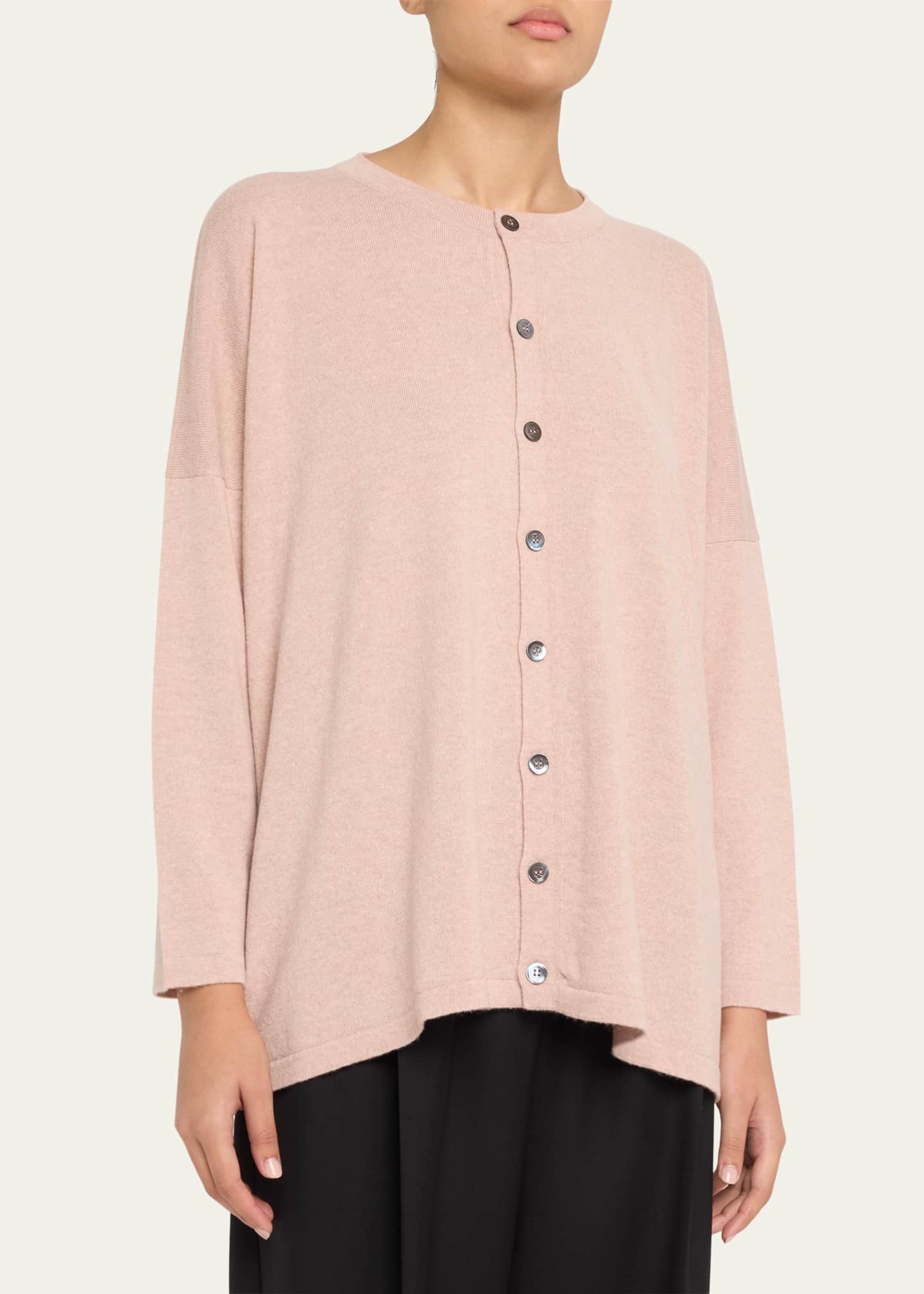 Eskandar Round Neck Slim Sleeve Cardigan (Mid Plus Length) Image 4 of 5