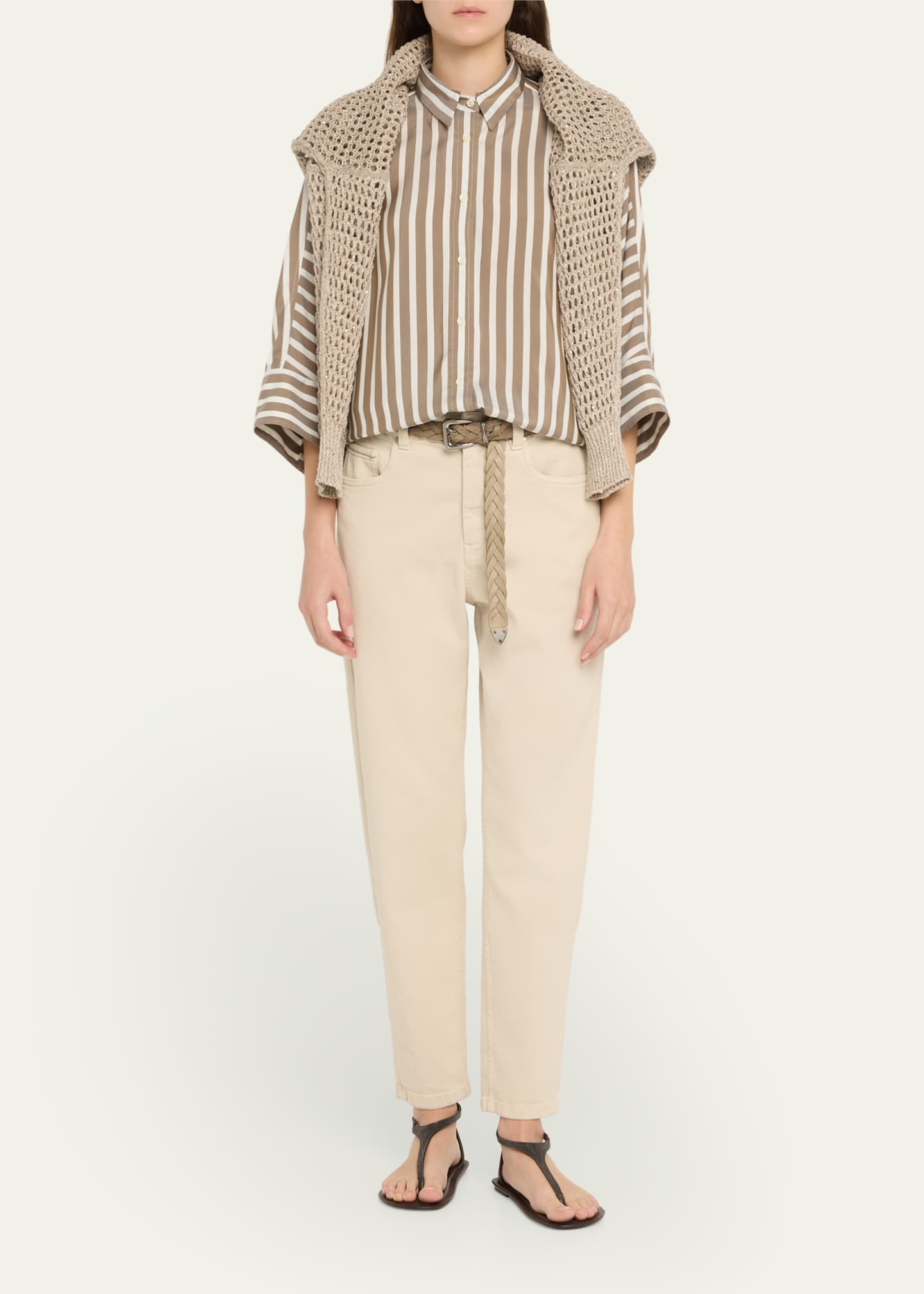 Brunello Cucinelli Garment Dyed Twill Tapered-Leg Jeans With Monili Trim Image 2 of 5
