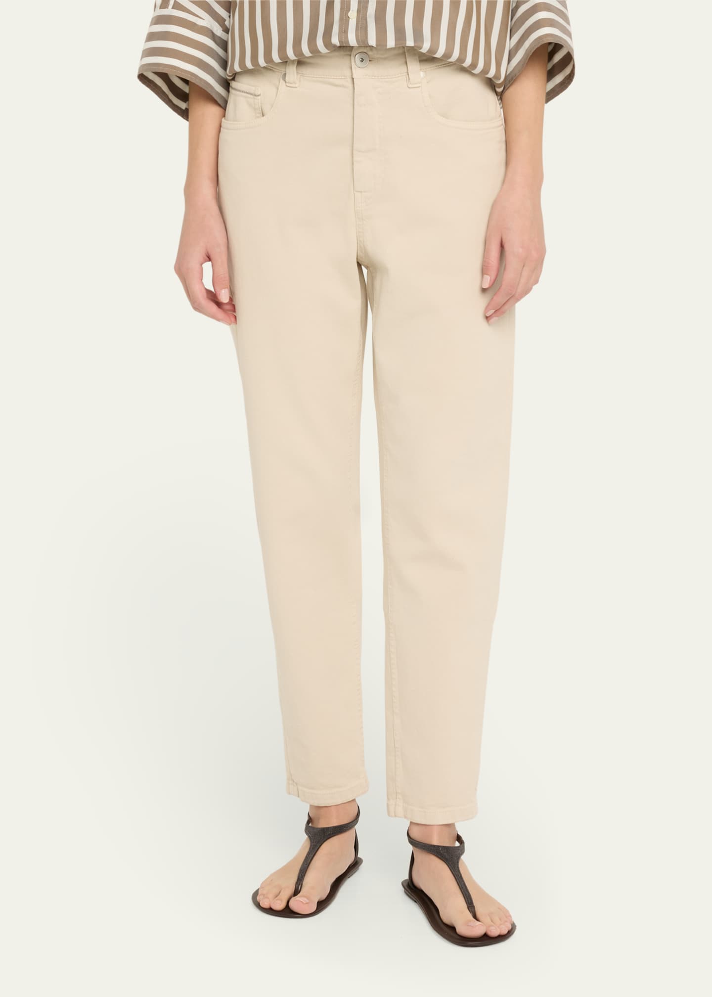 Brunello Cucinelli Garment Dyed Twill Tapered-Leg Jeans With Monili Trim Image 4 of 5