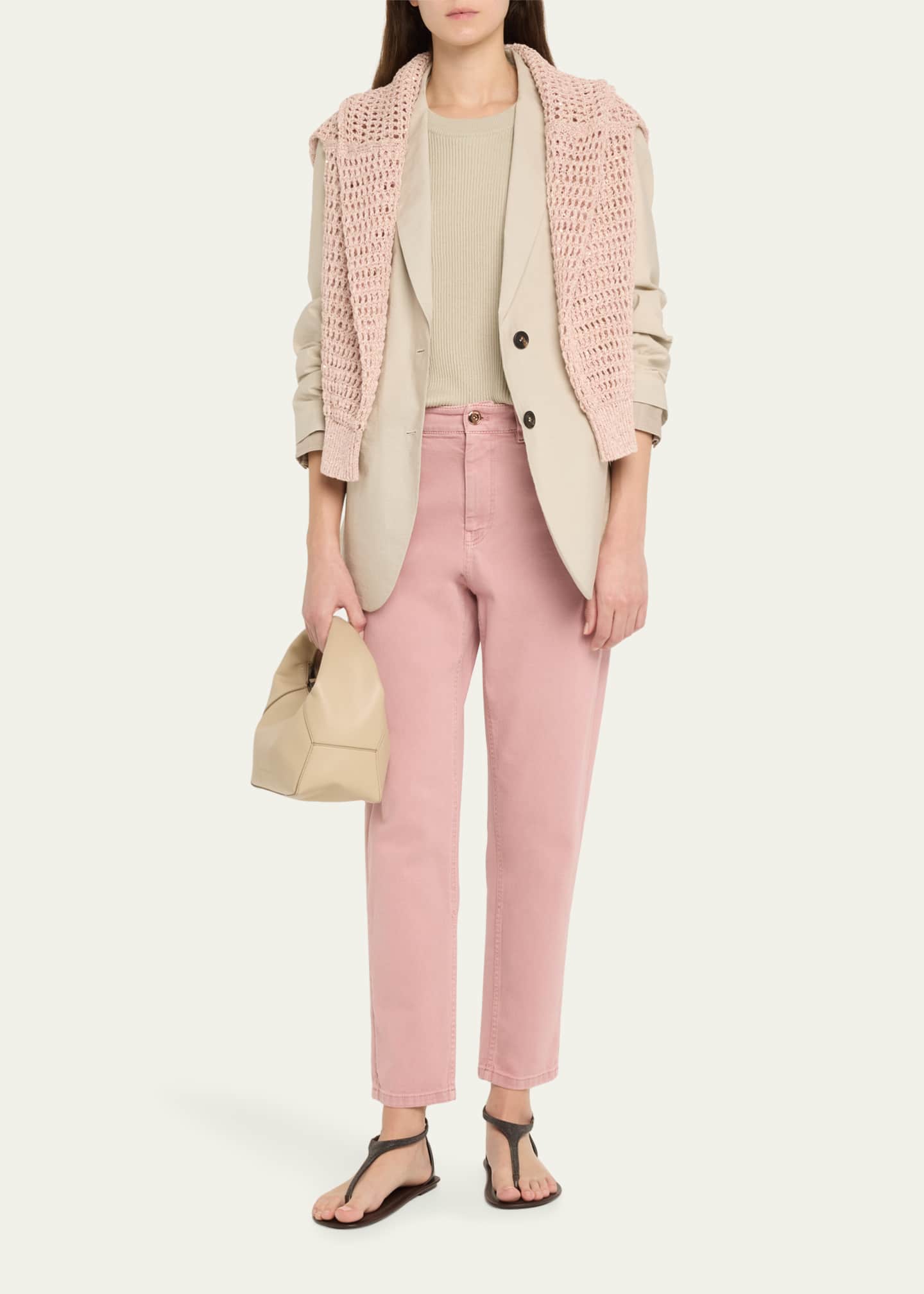 Brunello Cucinelli Linen Paillette Open Knit Crewneck Sweater Image 2 of 5