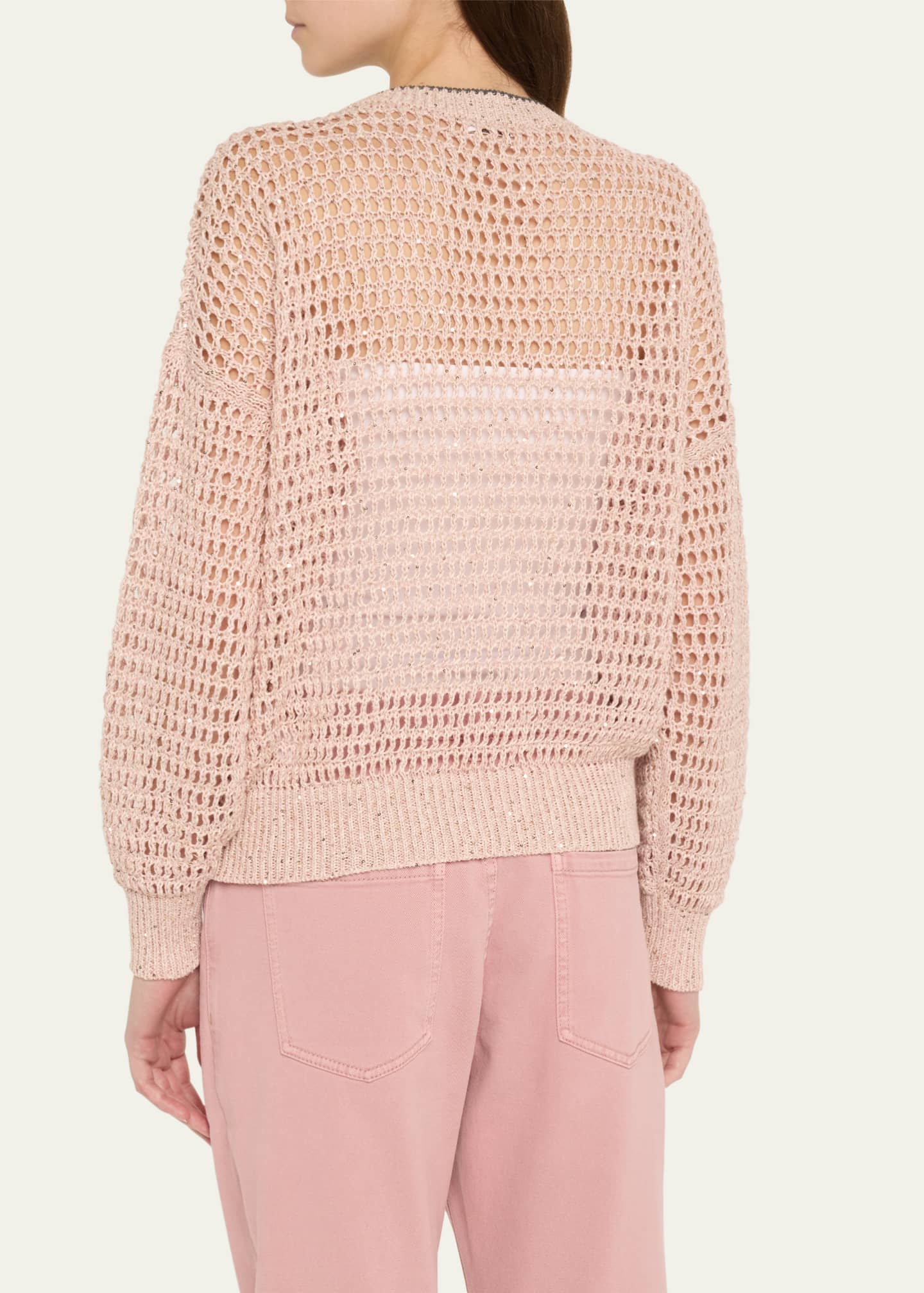 Brunello Cucinelli Linen Paillette Open Knit Crewneck Sweater Image 3 of 5