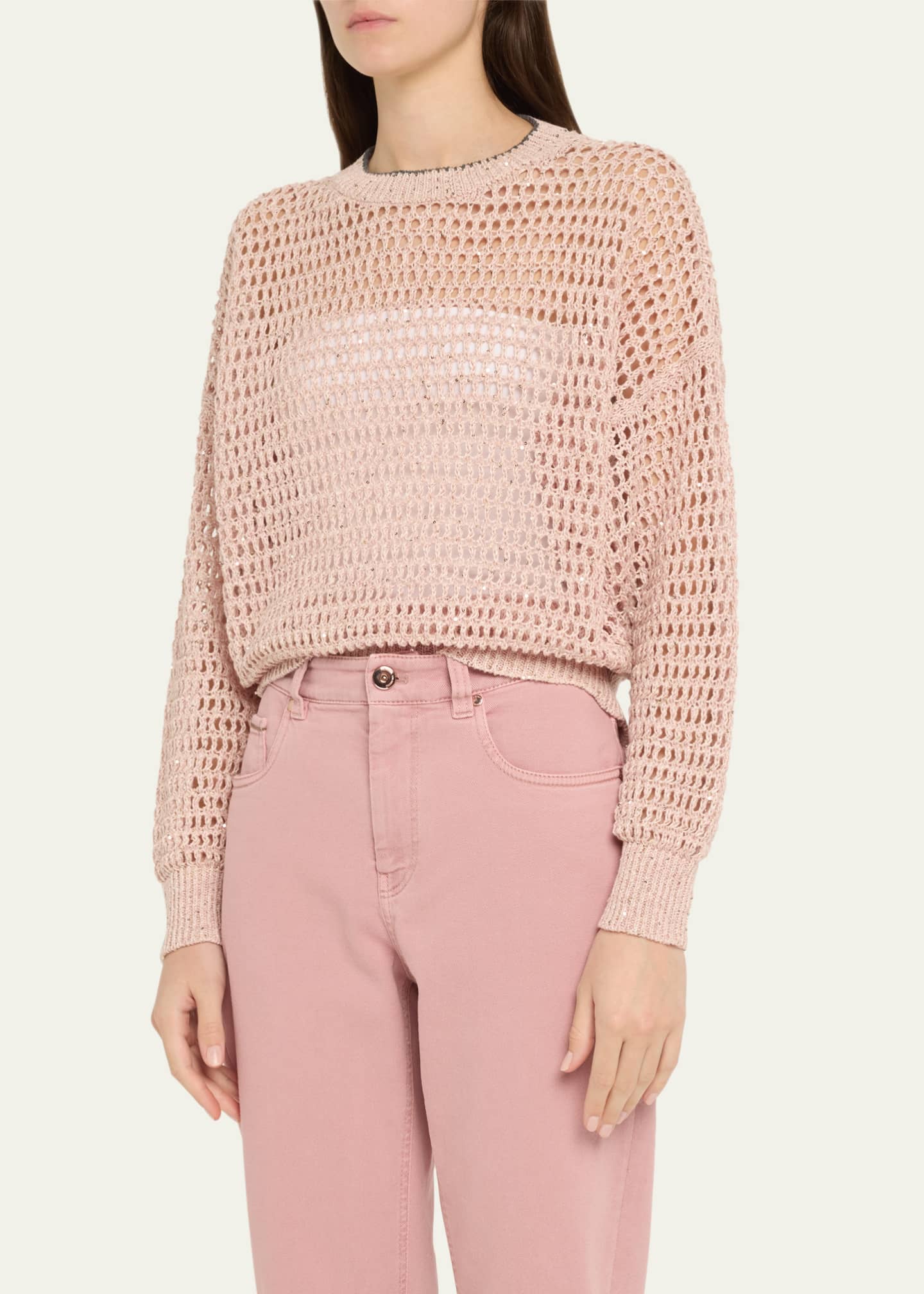 Brunello Cucinelli Linen Paillette Open Knit Crewneck Sweater Image 4 of 5