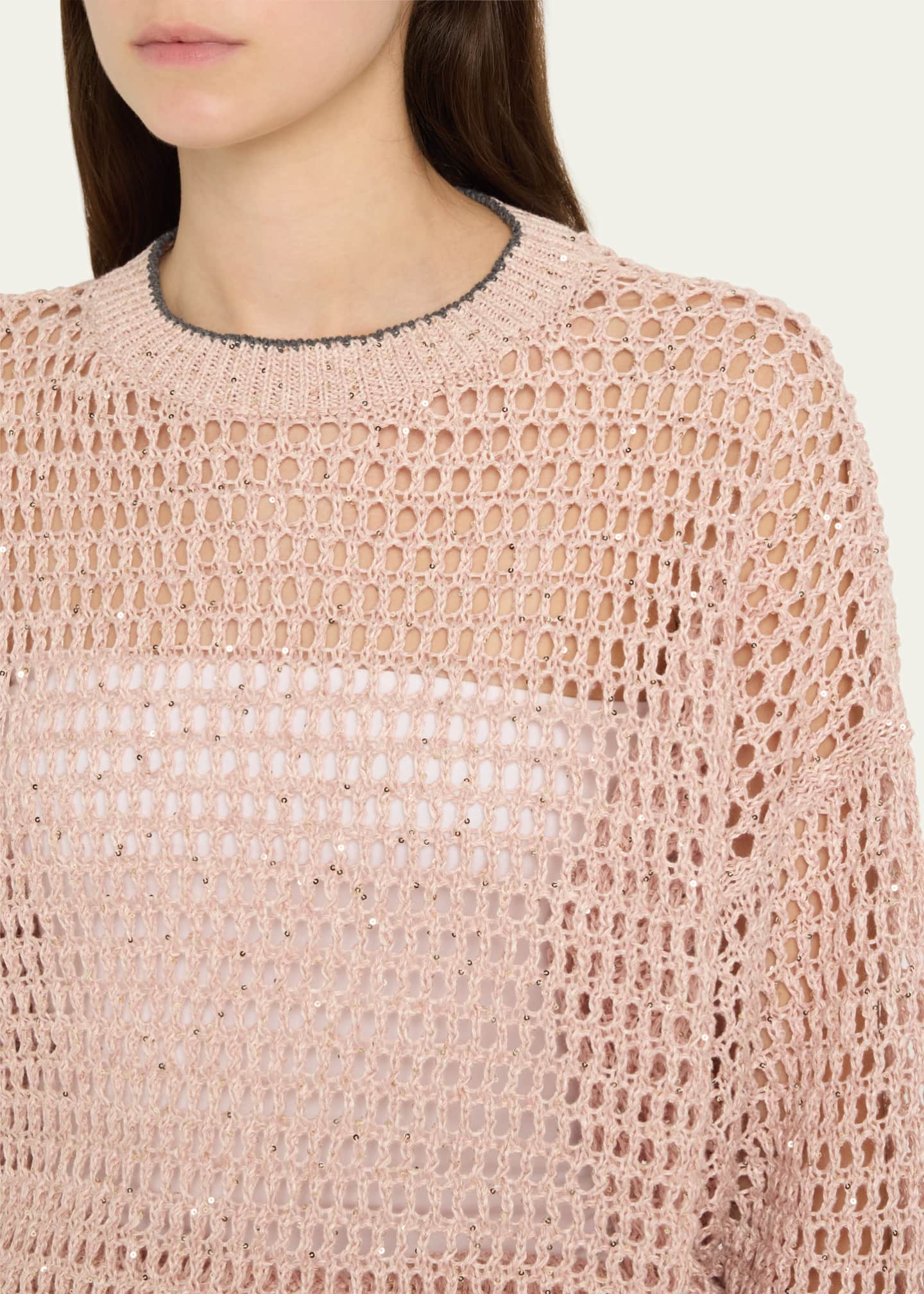 Brunello Cucinelli Linen Paillette Open Knit Crewneck Sweater Image 5 of 5