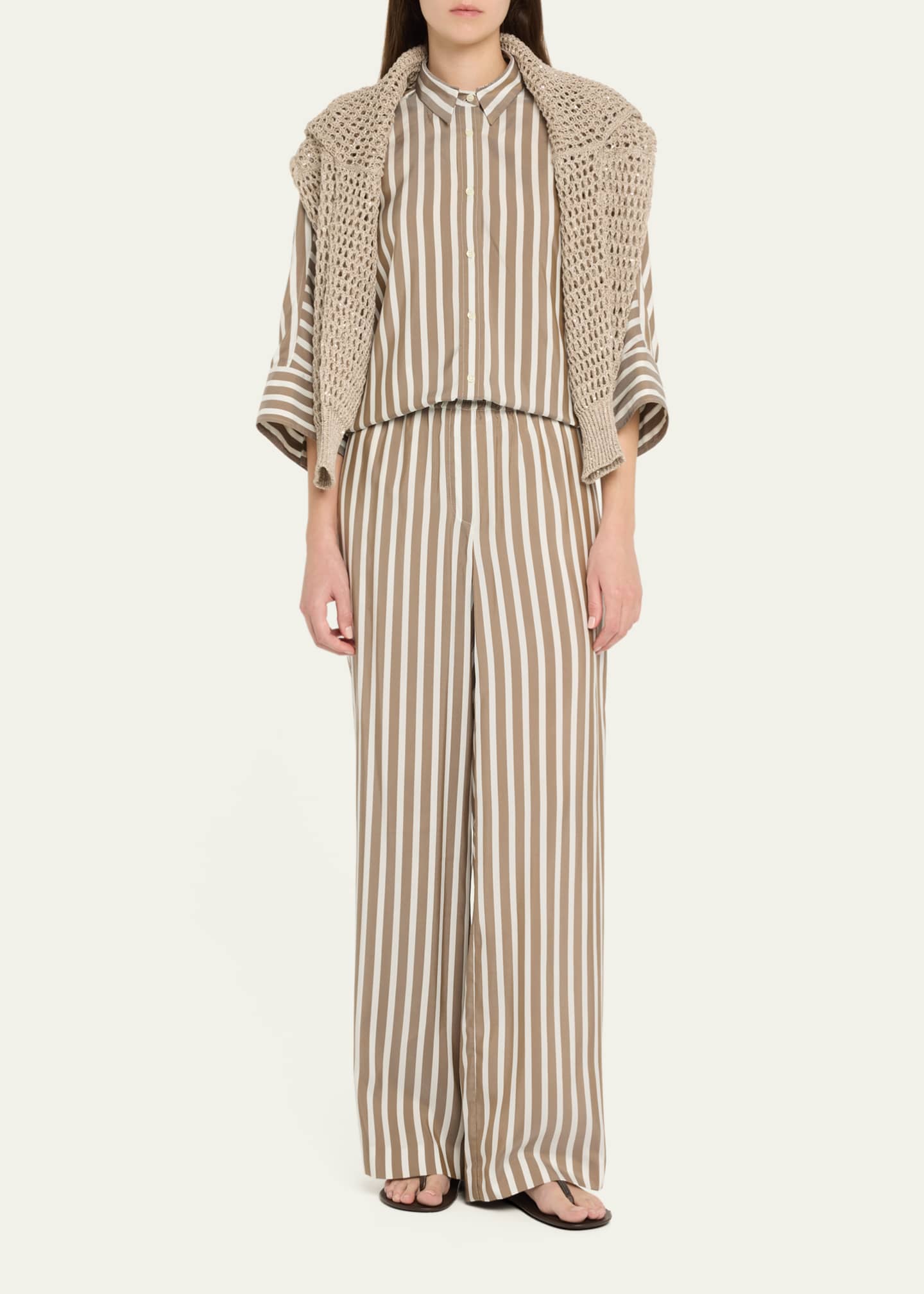Brunello Cucinelli Striped Silk Wide-Leg Pull-On Pants Image 2 of 5