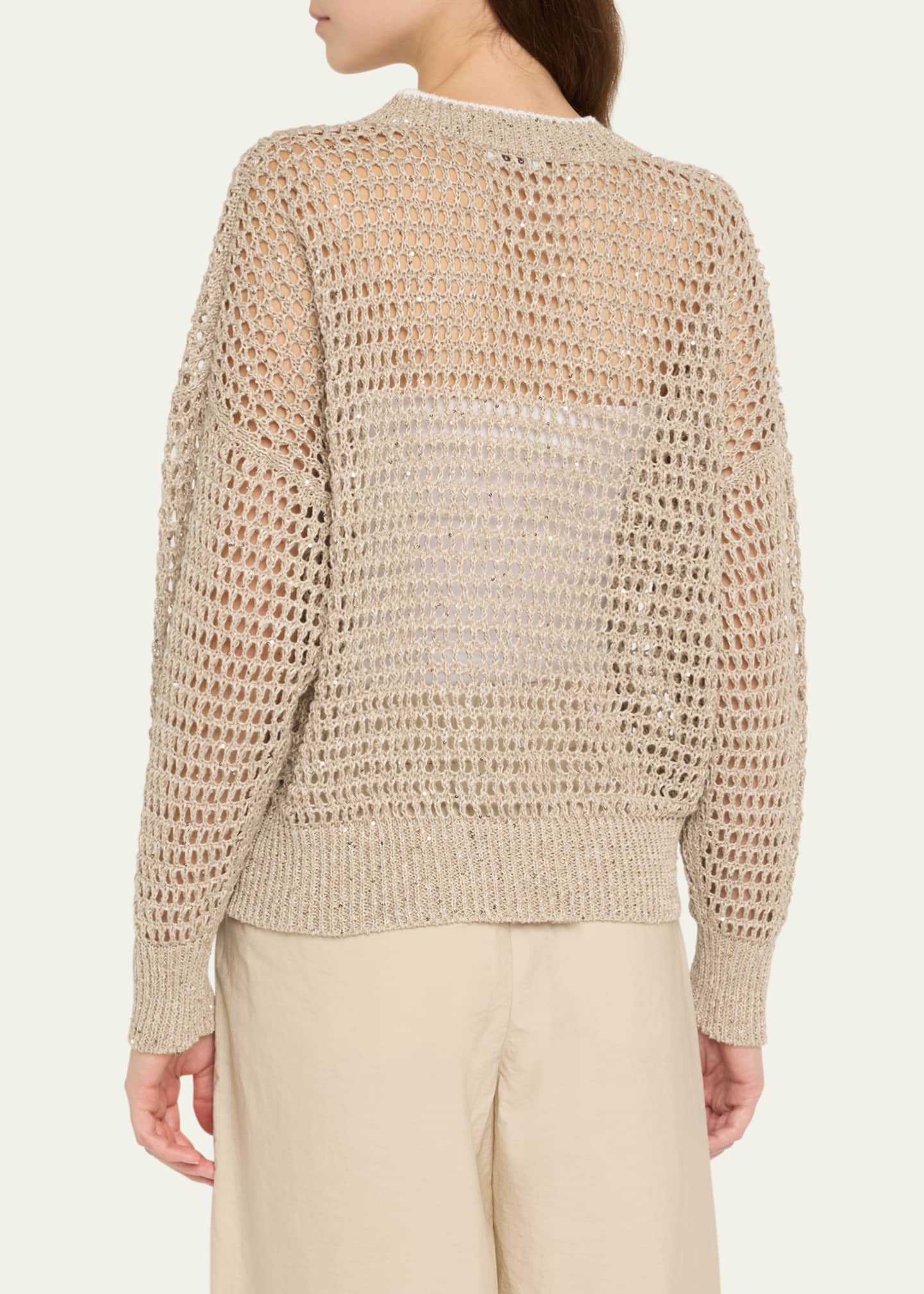 Brunello Cucinelli Paillette Open Knit V-Neck Sweater Image 3 of 5