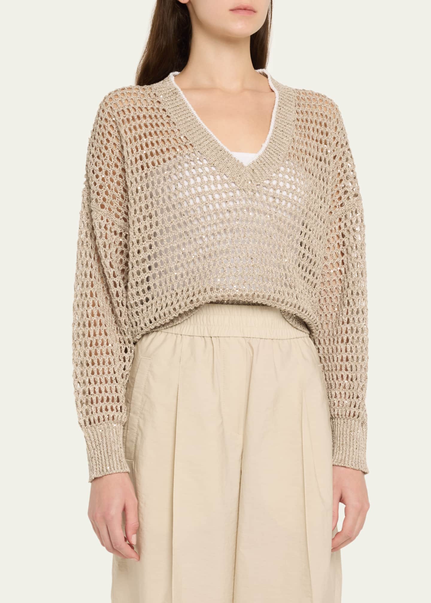 Brunello Cucinelli Paillette Open Knit V-Neck Sweater Image 4 of 5