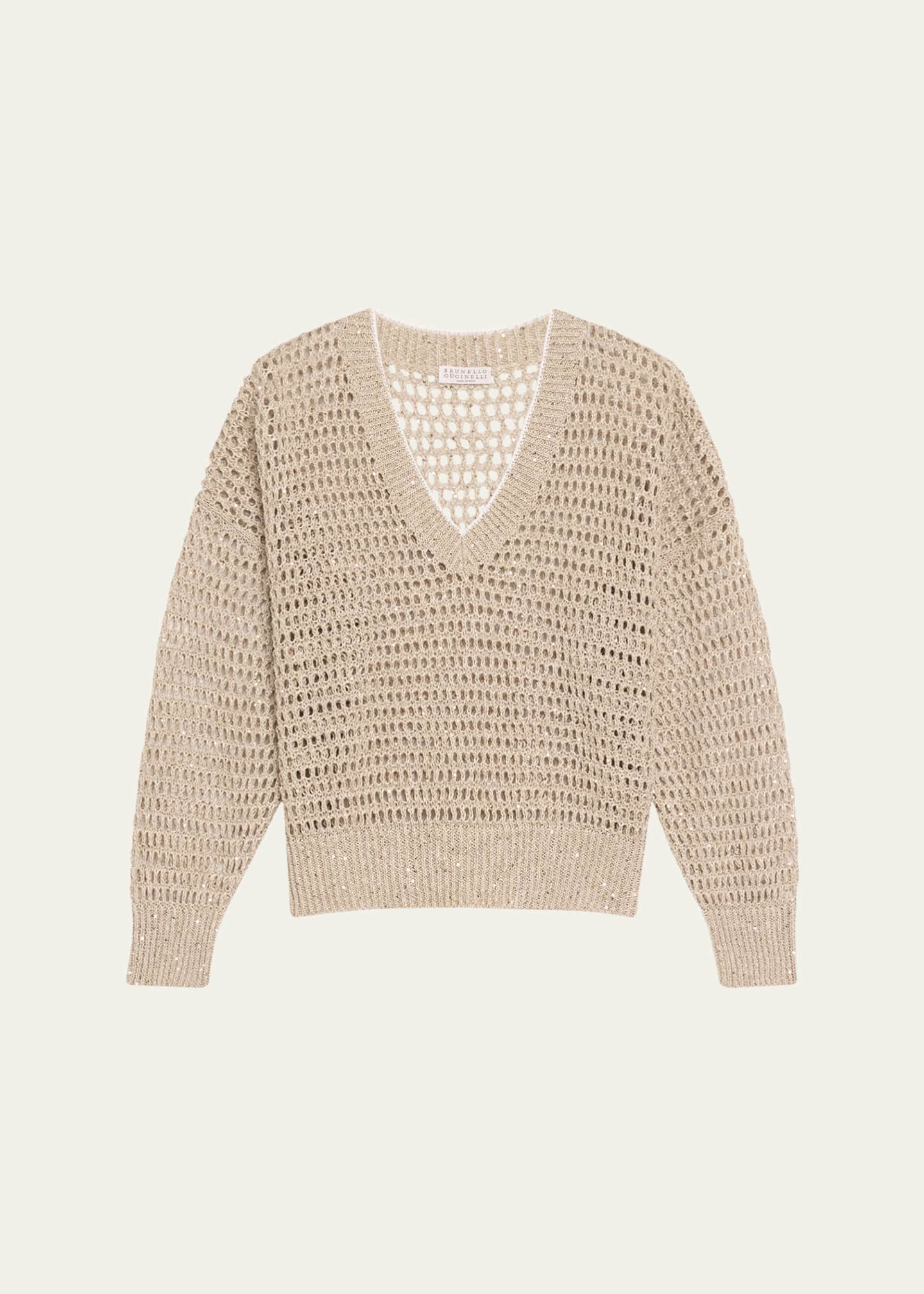Brunello Cucinelli Paillette Open Knit V-Neck Sweater Image 1 of 5