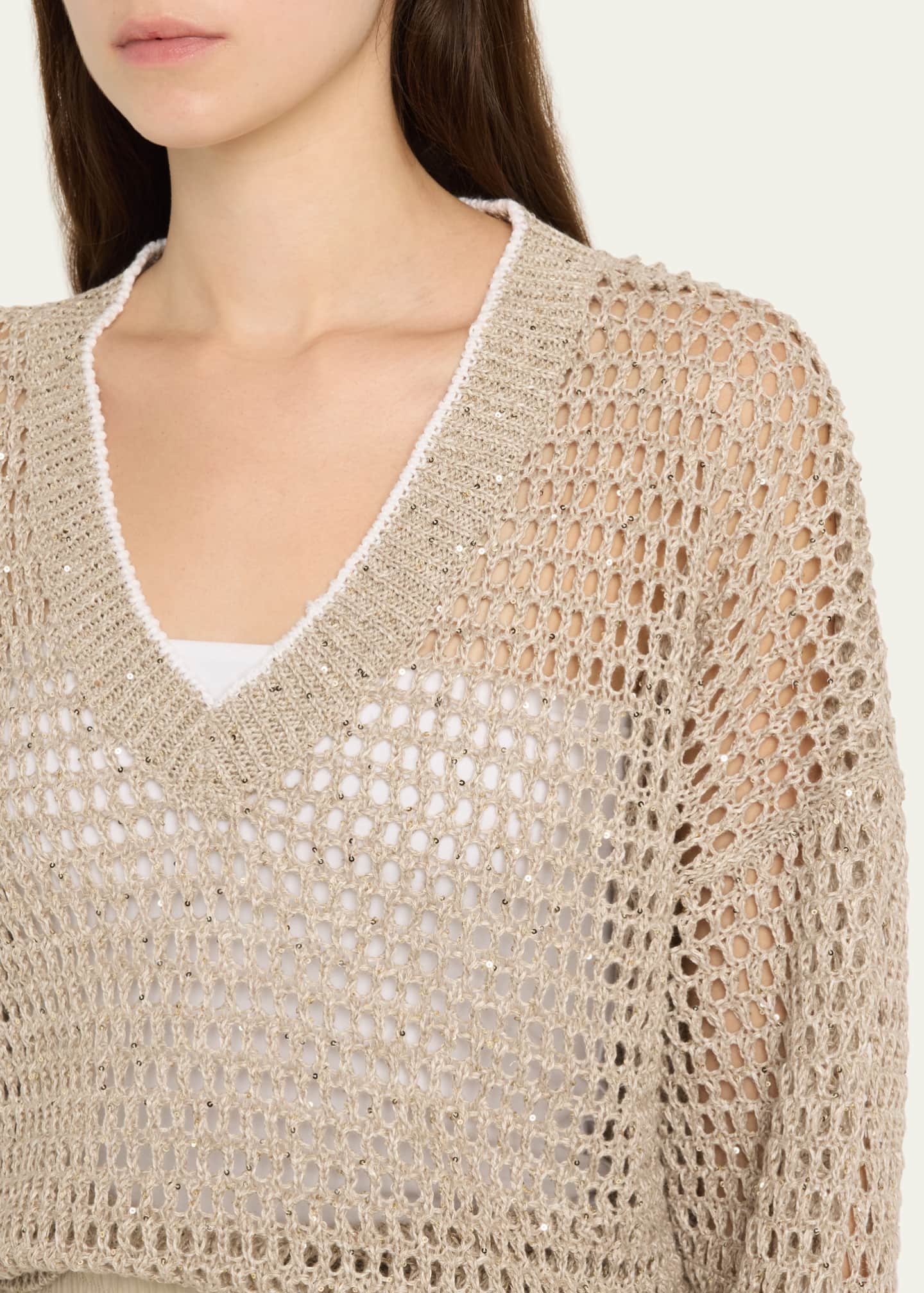 Brunello Cucinelli Paillette Open Knit V-Neck Sweater Image 5 of 5