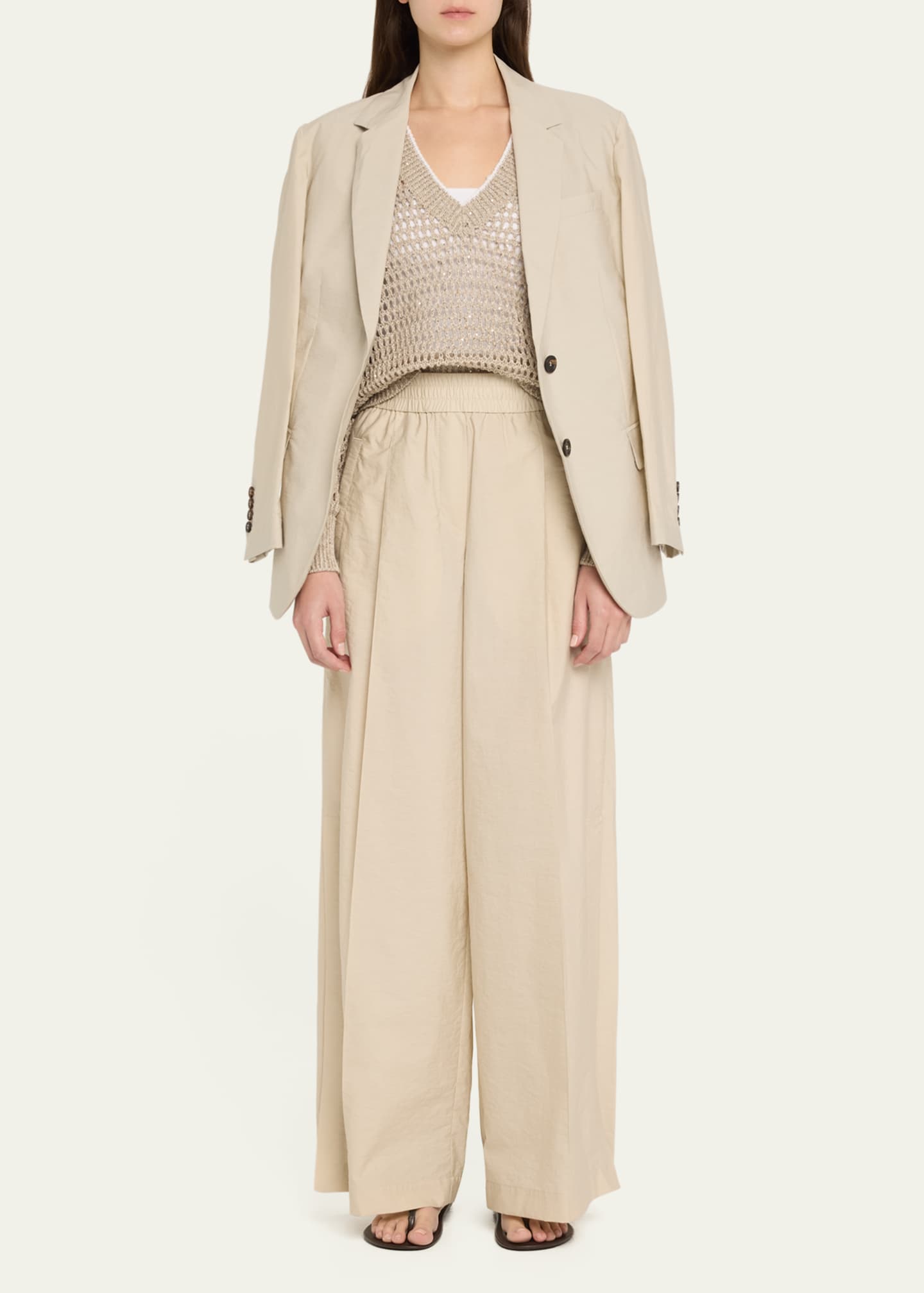 Brunello Cucinelli Techno Popeline Wide-Leg Slit Track Pants Image 2 of 5