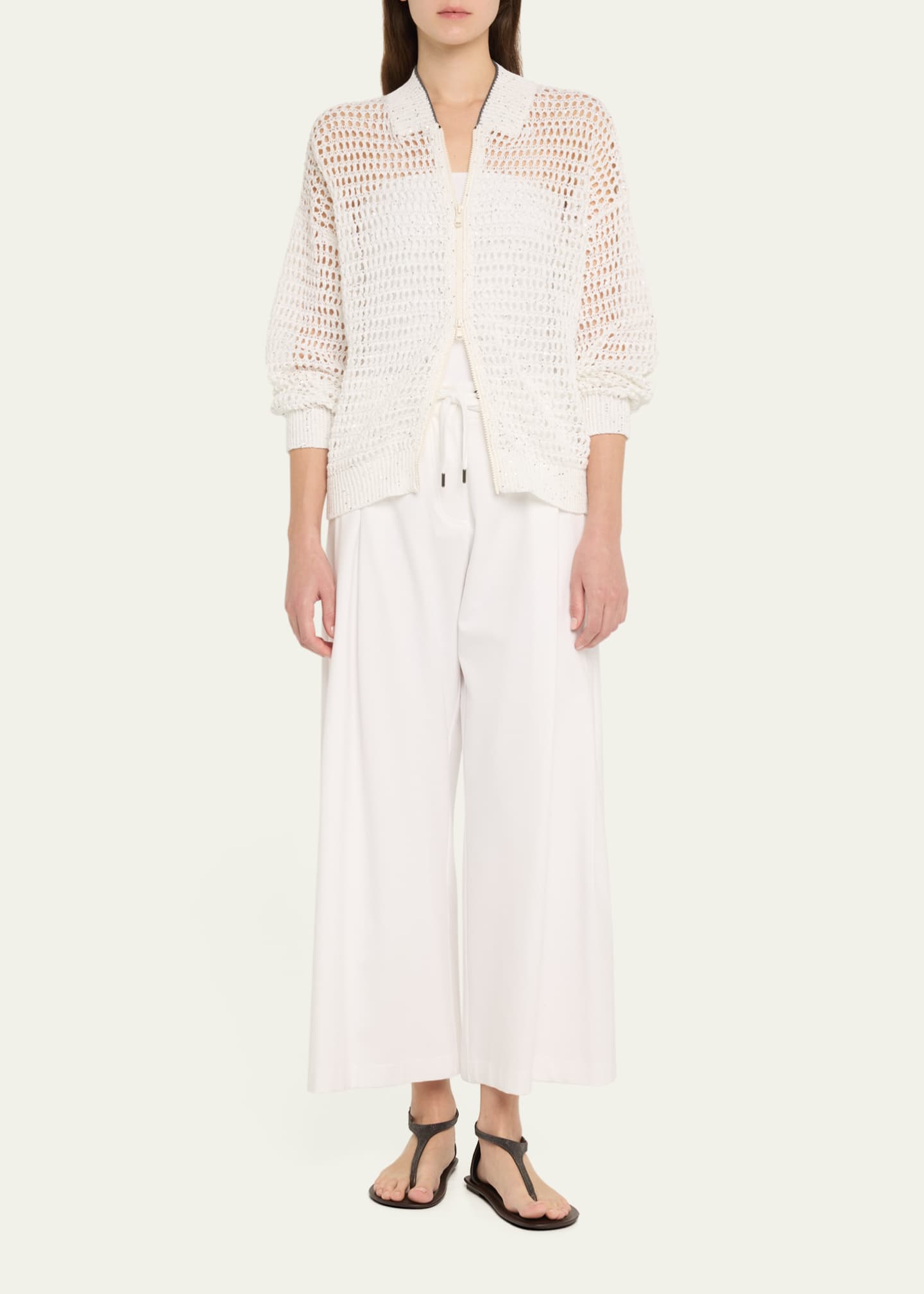 Brunello Cucinelli Linen Paillettes Openwork Net Stitched Cardigan Image 2 of 5