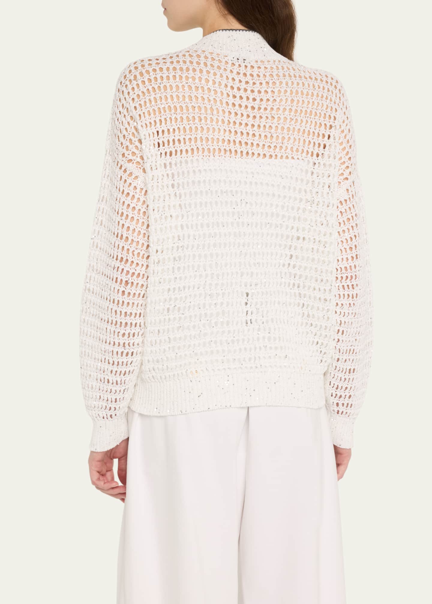 Brunello Cucinelli Linen Paillettes Openwork Net Stitched Cardigan Image 3 of 5