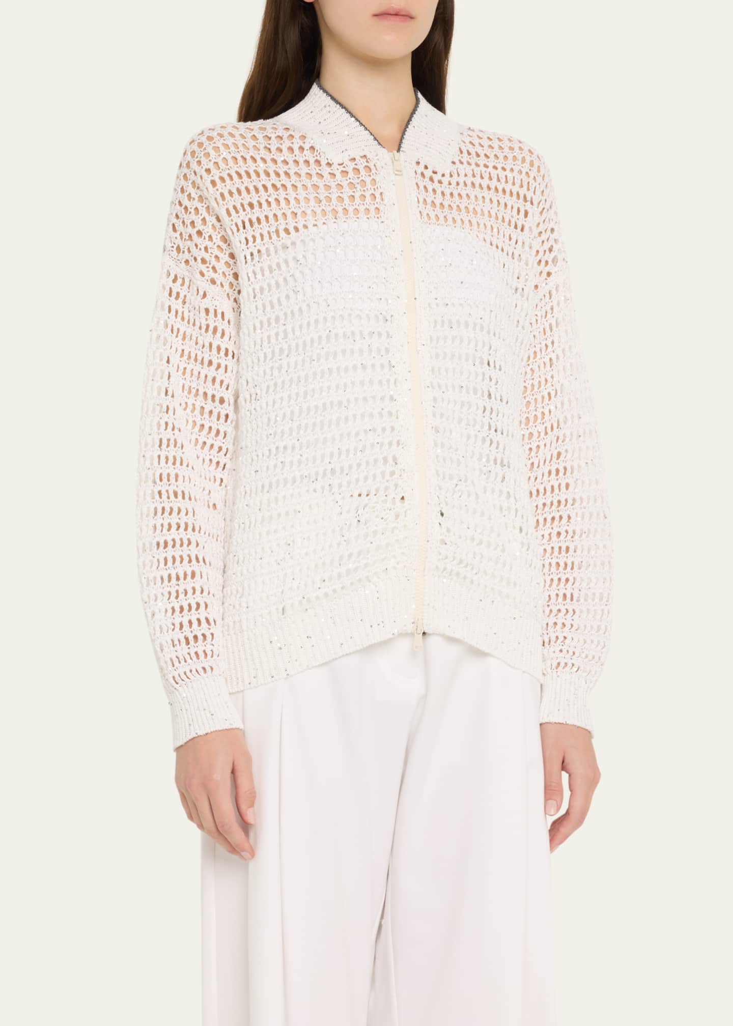Brunello Cucinelli Linen Paillettes Openwork Net Stitched Cardigan Image 4 of 5