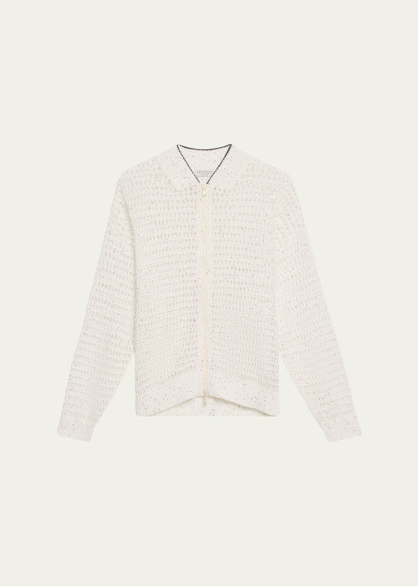 Brunello Cucinelli Linen Paillettes Openwork Net Stitched Cardigan Image 1 of 5
