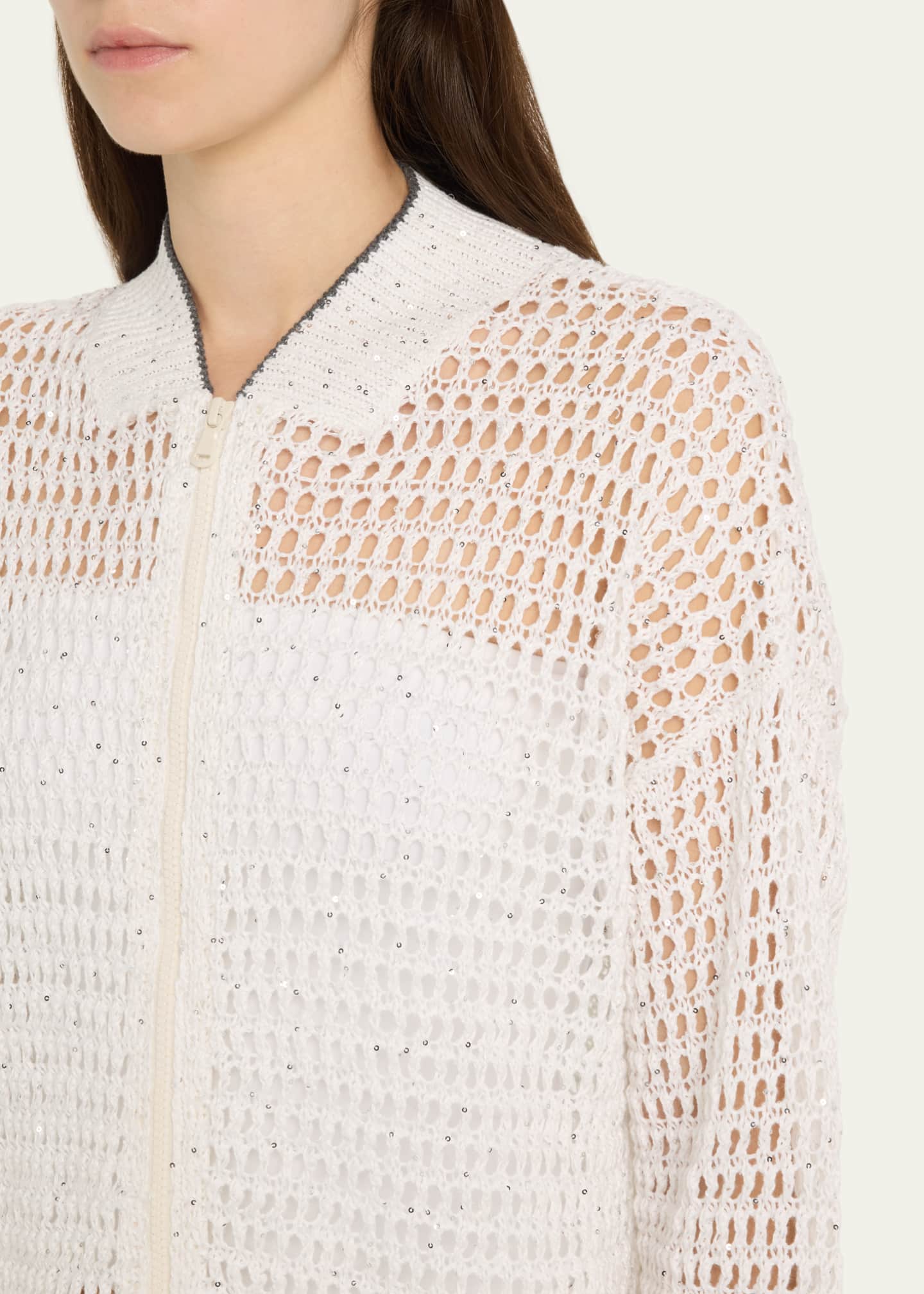 Brunello Cucinelli Linen Paillettes Openwork Net Stitched Cardigan Image 5 of 5
