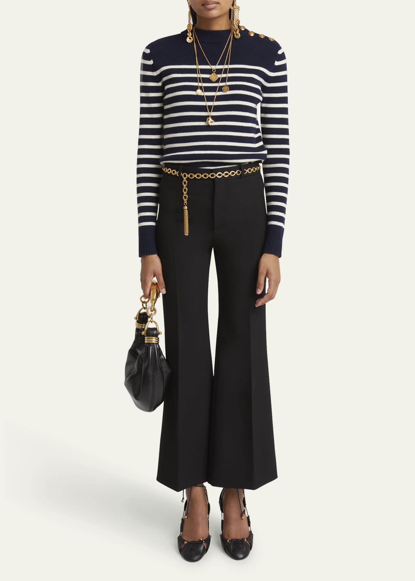 Chloe Button-Shoulder Striped Wool-Cashmere Sweater Image 2 of 5