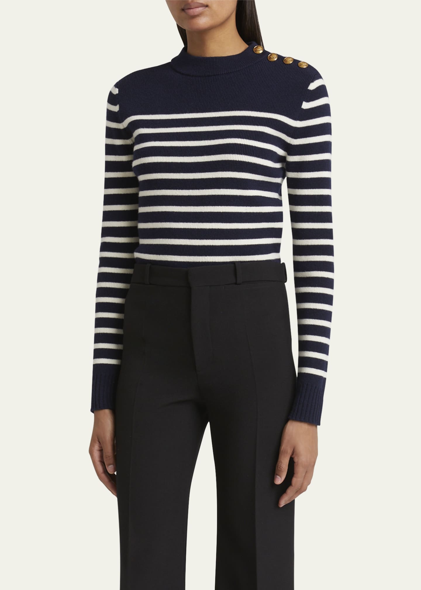 Chloe Button-Shoulder Striped Wool-Cashmere Sweater Image 4 of 5
