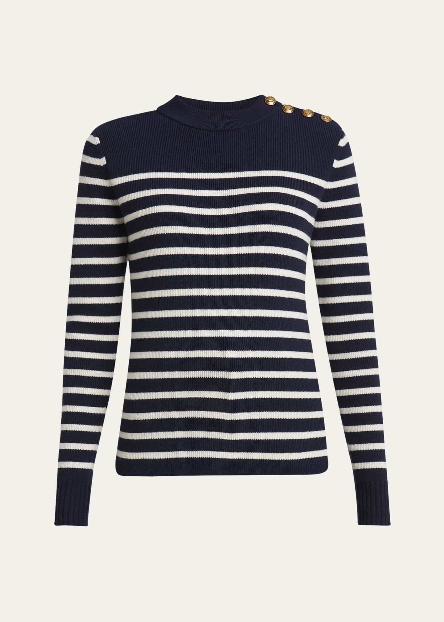 Chloe Button-Shoulder Striped Wool-Cashmere Sweater Image 1 of 5