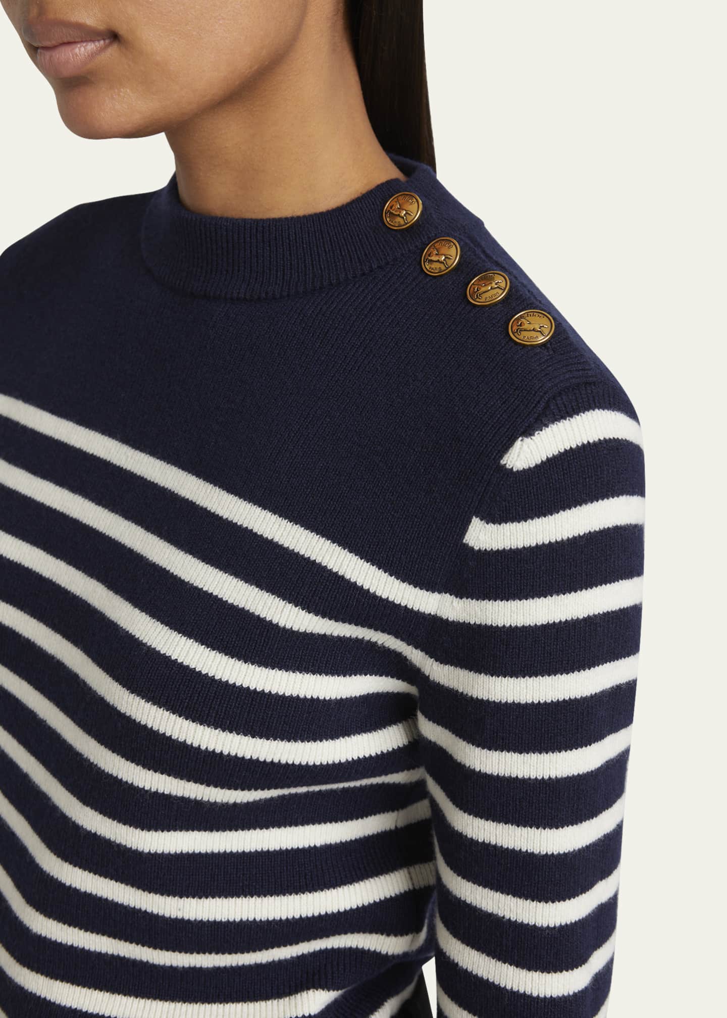 Chloe Button-Shoulder Striped Wool-Cashmere Sweater Image 5 of 5