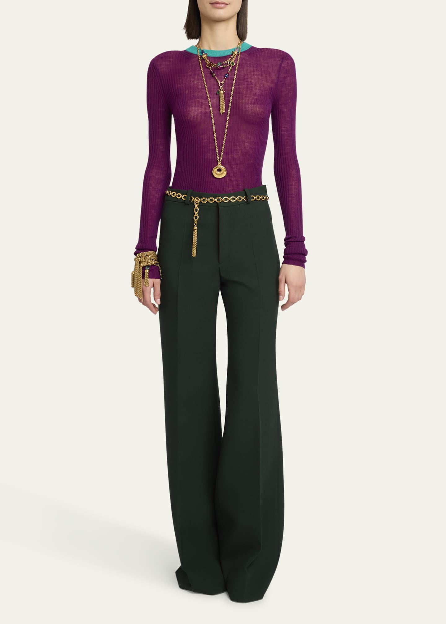 Chloe Bicolor Long-Sleeve Wool Crewneck Sweater Image 2 of 5