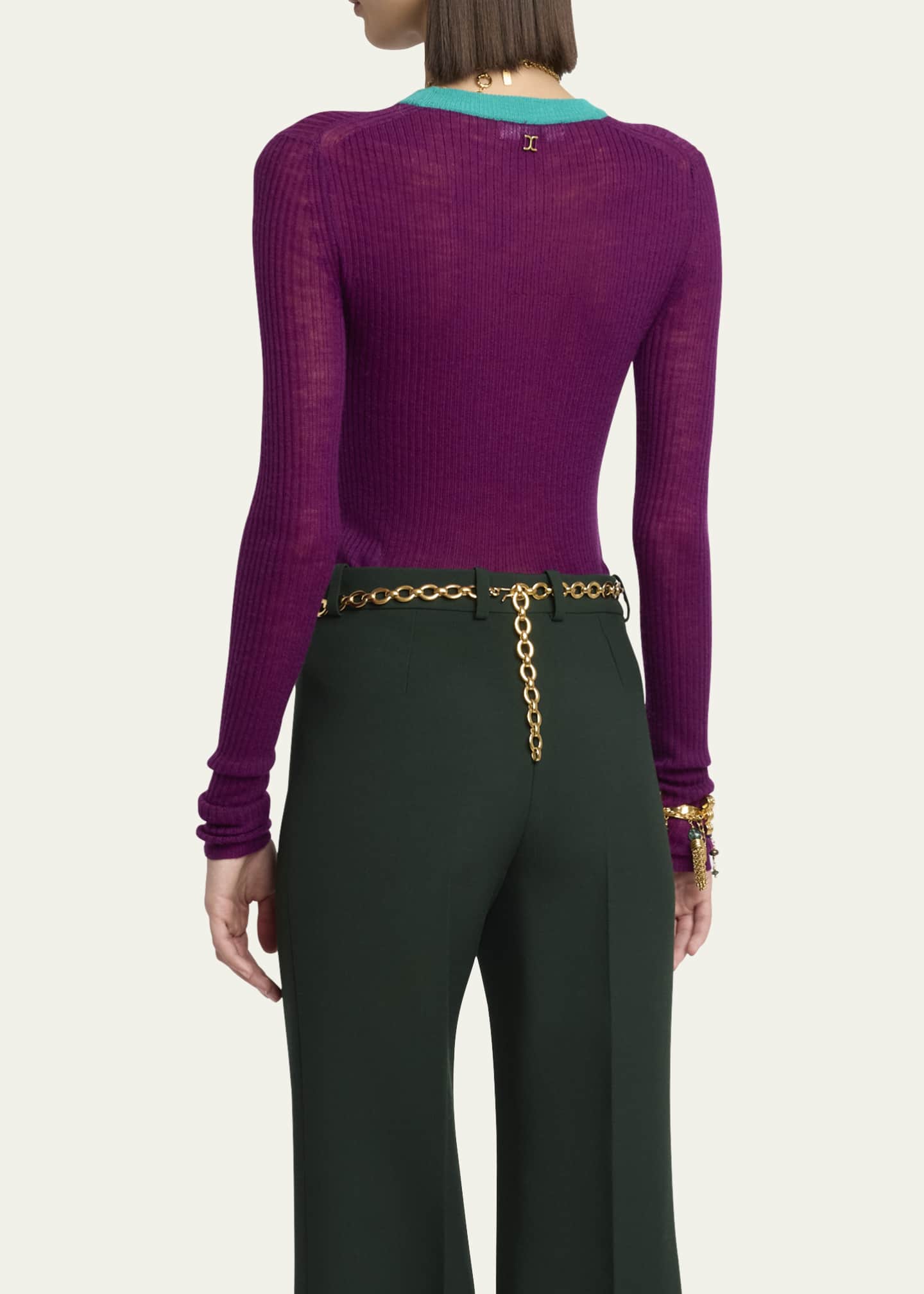 Chloe Bicolor Long-Sleeve Wool Crewneck Sweater Image 3 of 5