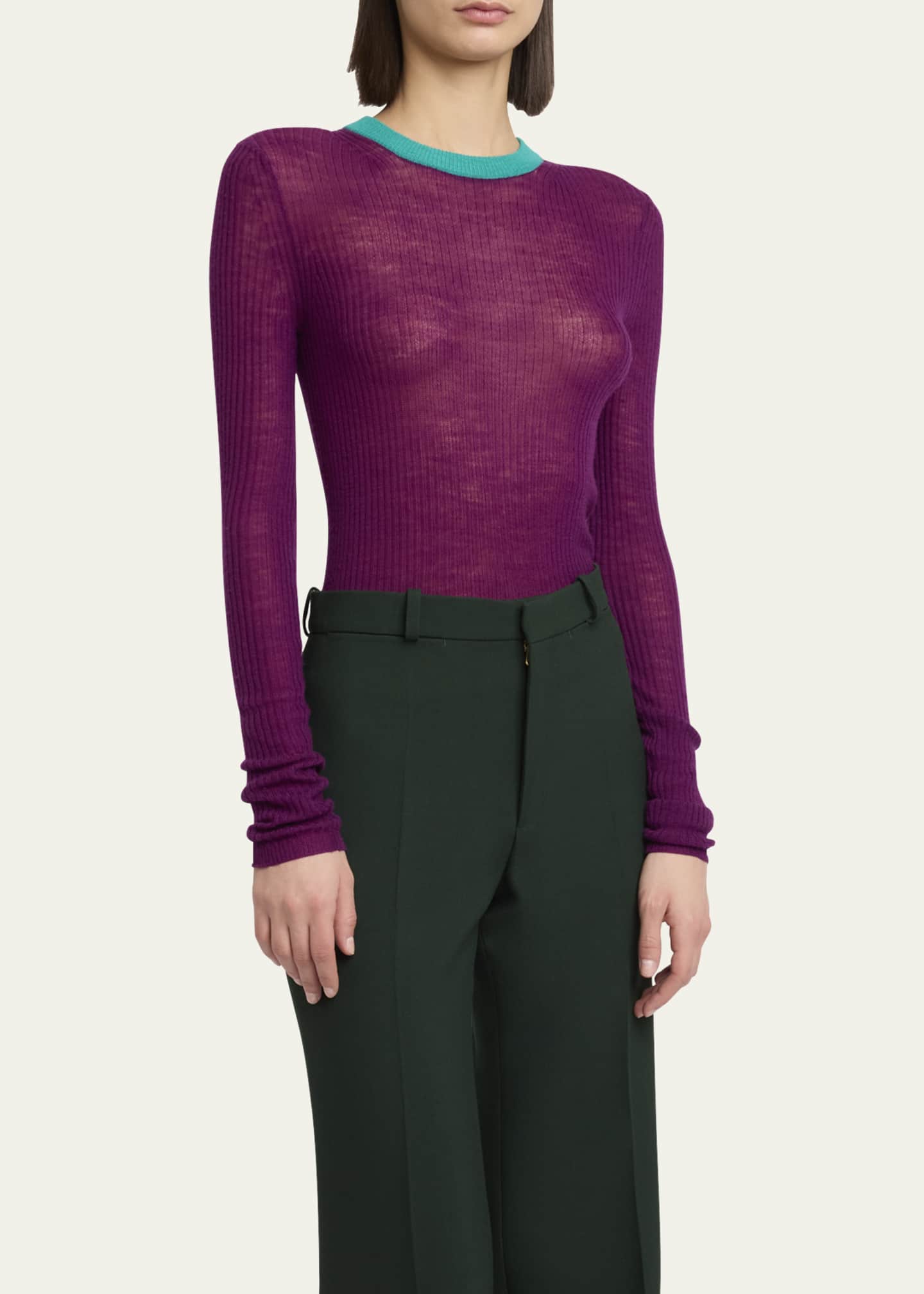 Chloe Bicolor Long-Sleeve Wool Crewneck Sweater Image 4 of 5