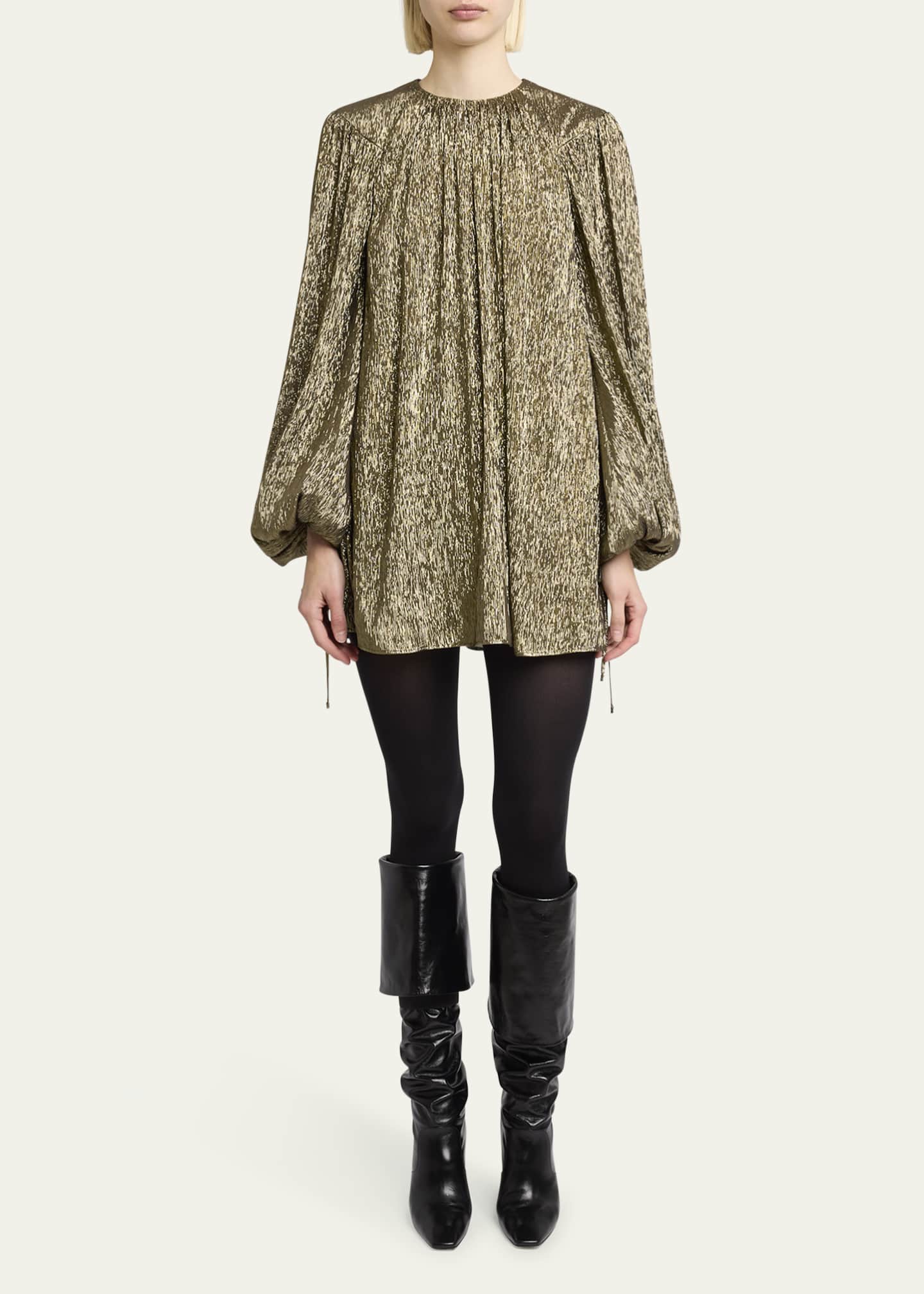 Balloon-Sleeve Metallic Silk Mini Dress