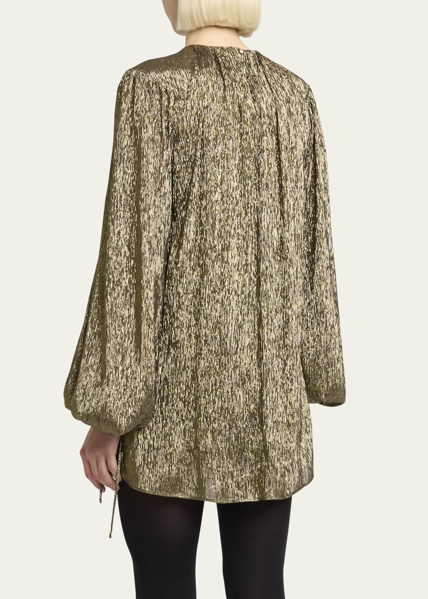 Balloon-Sleeve Metallic Silk Mini Dress