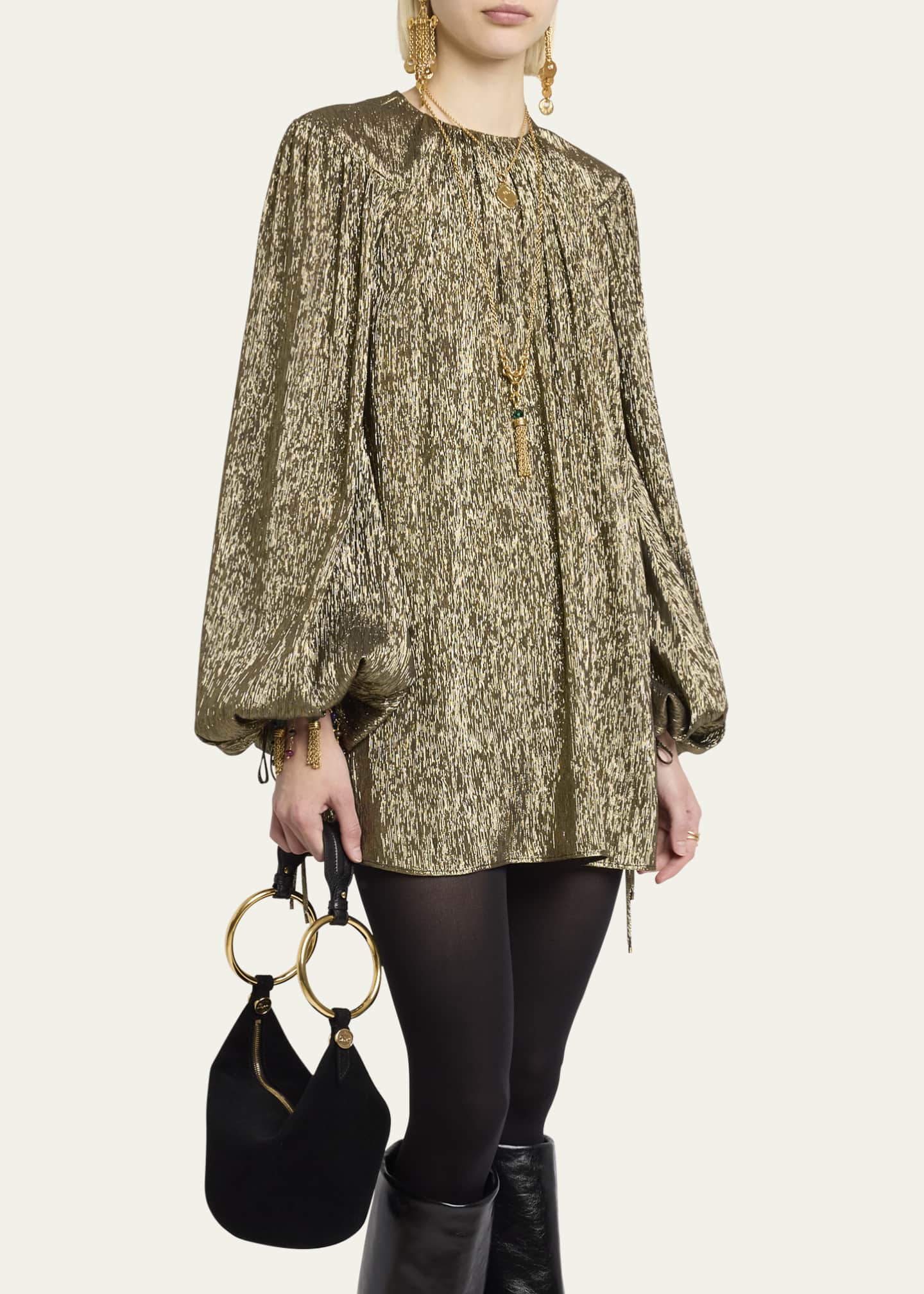 Balloon-Sleeve Metallic Silk Mini Dress