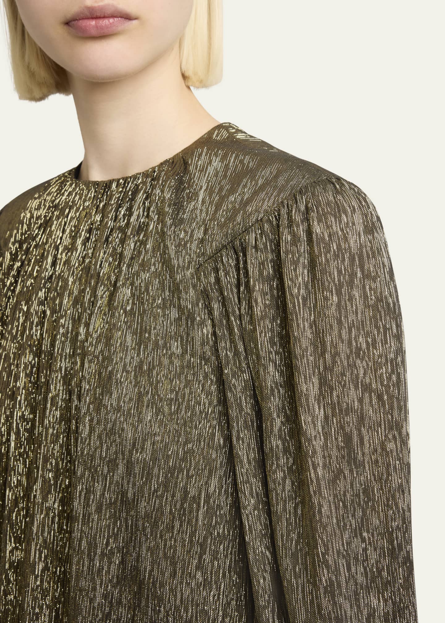 Balloon-Sleeve Metallic Silk Mini Dress