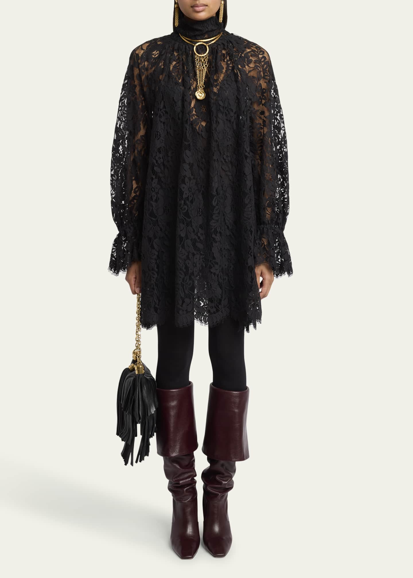 Chloe Turtleneck Long-Sleeve Lace Shift Dress Image 2 of 5