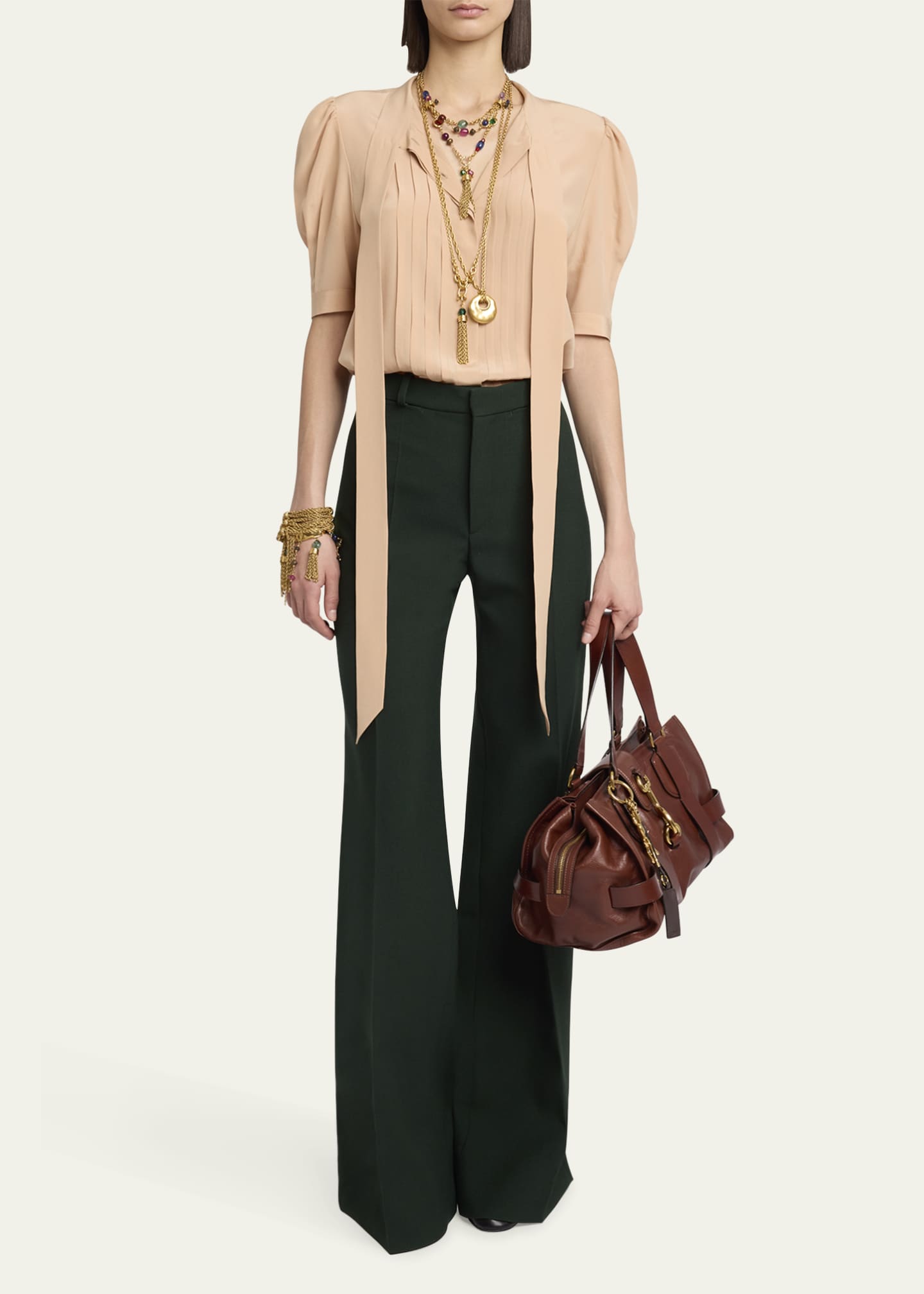 Chloe Neck-Tie Pleated Puff-Sleeve Silk Top Image 2 of 5