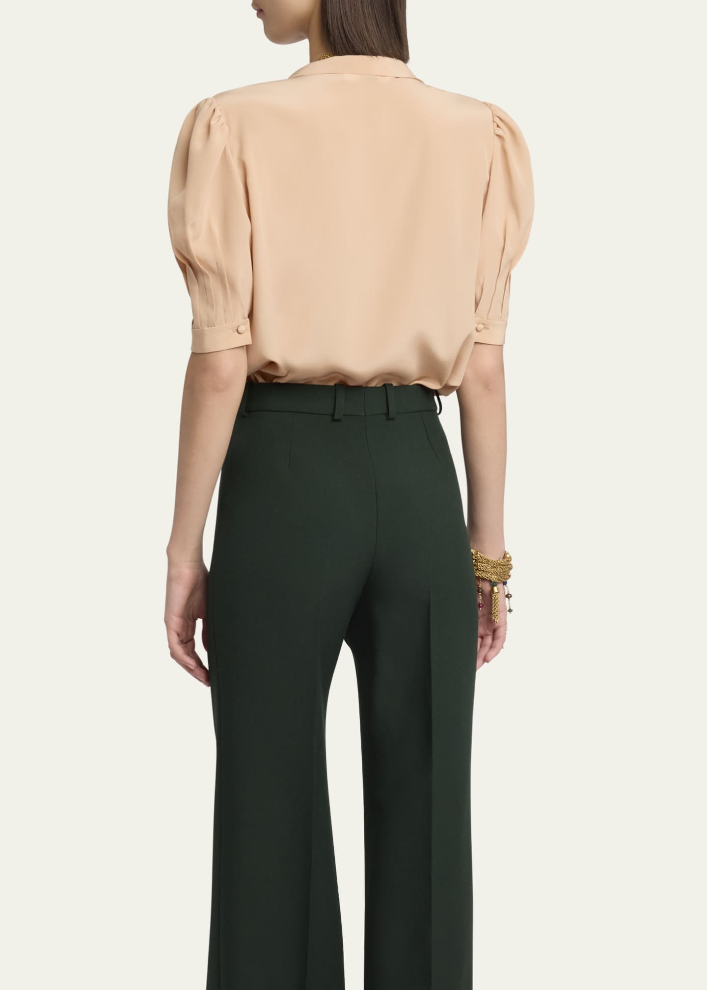 Chloe Neck-Tie Pleated Puff-Sleeve Silk Top Image 3 of 5
