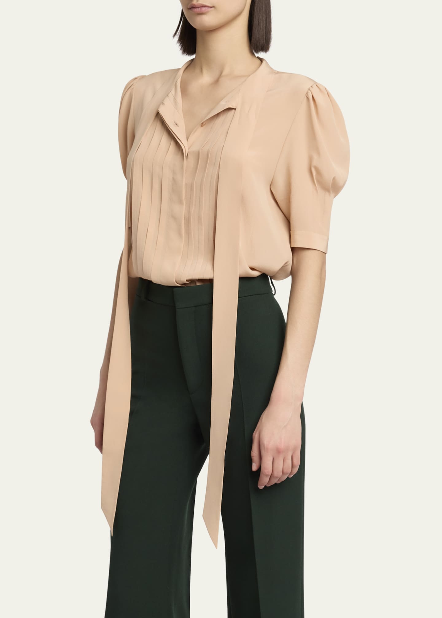 Chloe Neck-Tie Pleated Puff-Sleeve Silk Top Image 4 of 5
