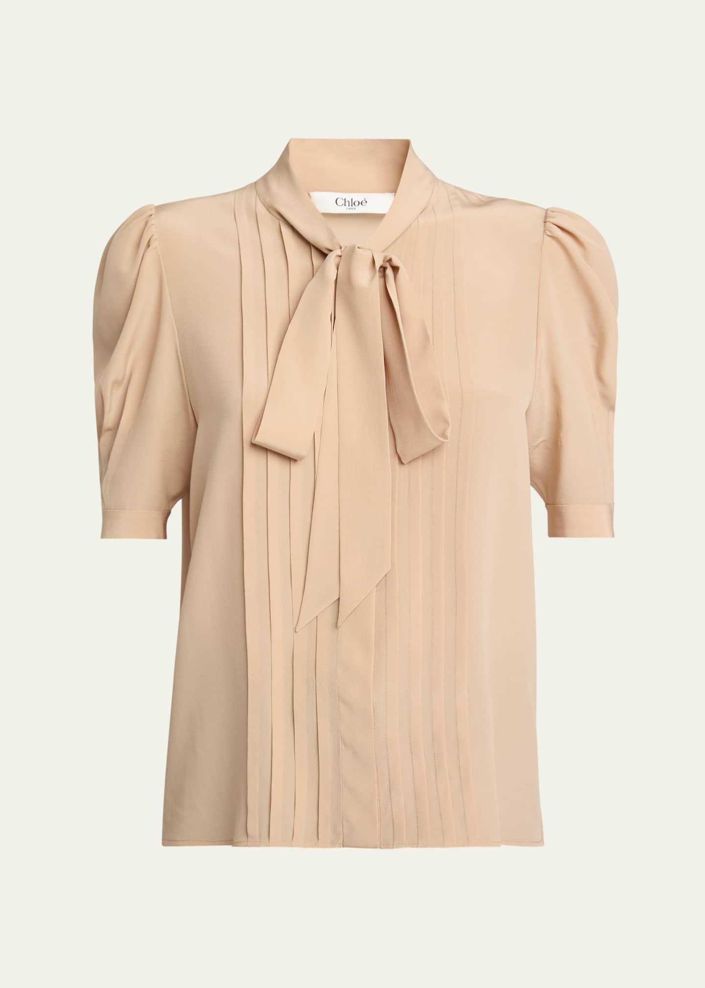 Chloe Neck-Tie Pleated Puff-Sleeve Silk Top Image 1 of 5
