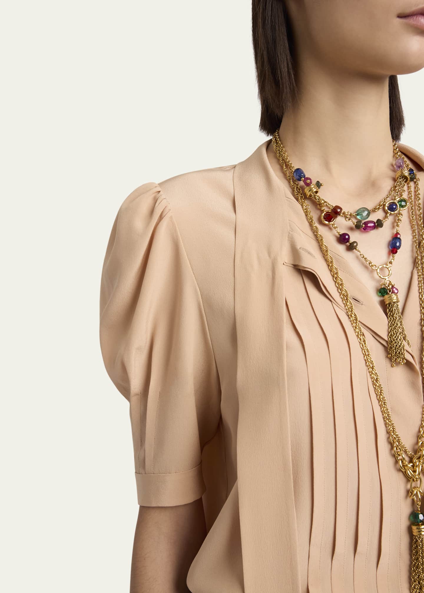 Chloe Neck-Tie Pleated Puff-Sleeve Silk Top Image 5 of 5