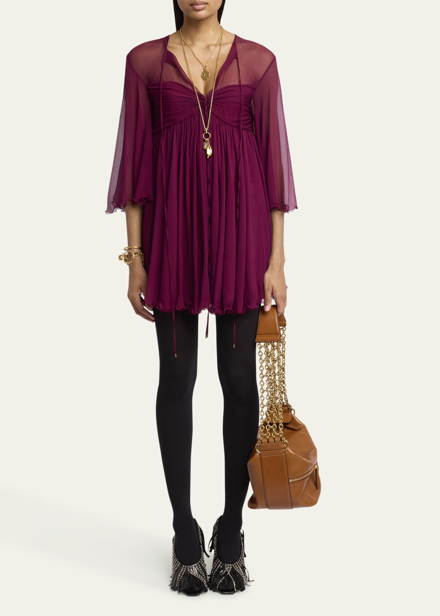 Chloe Twisted Bust 3/4-Sleeve Chiffon Mini Dress - Bergdorf
