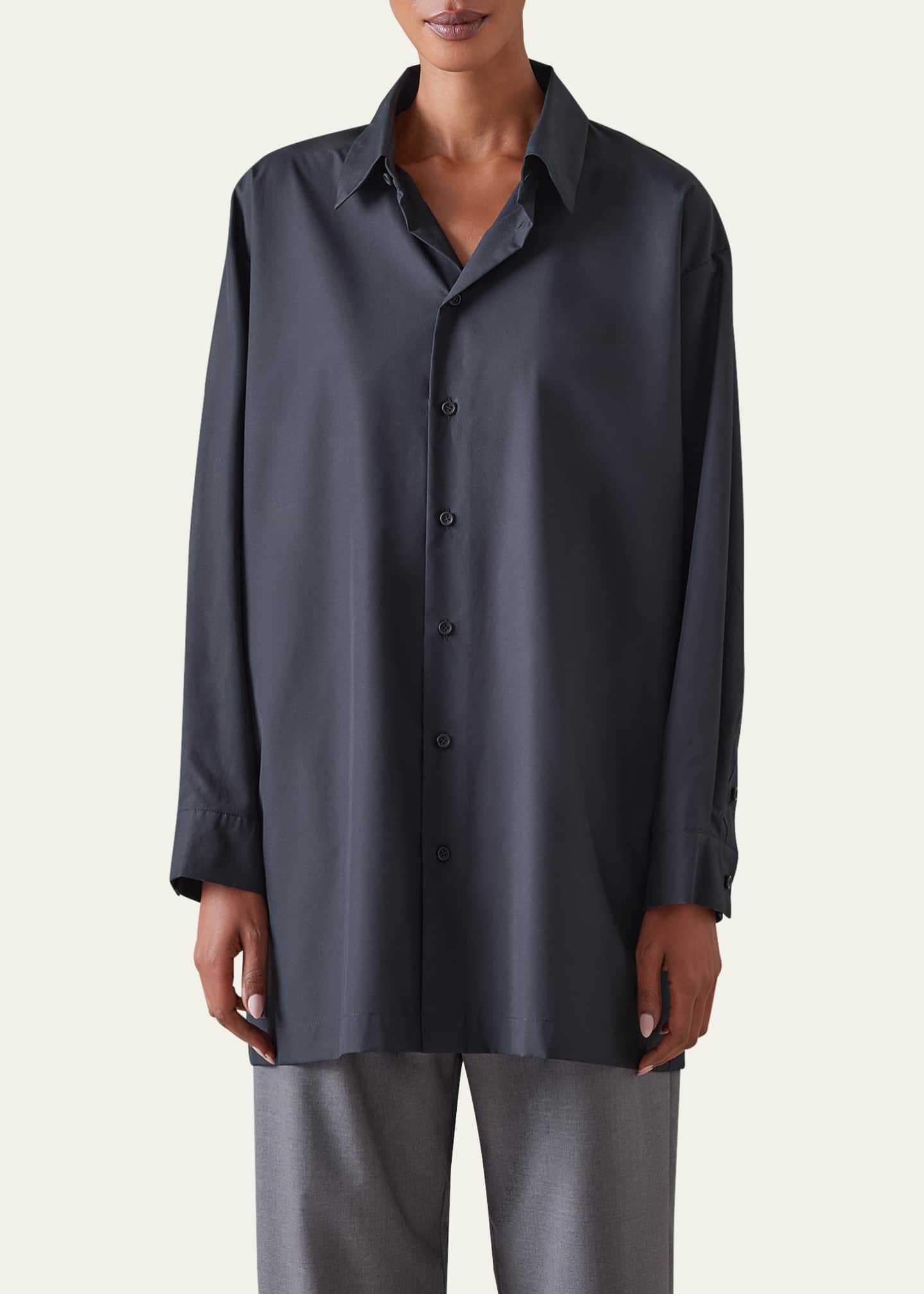 Slim A-line Back Pleat Shirt With Collar (Long Plus Length) - Thumbnail 2