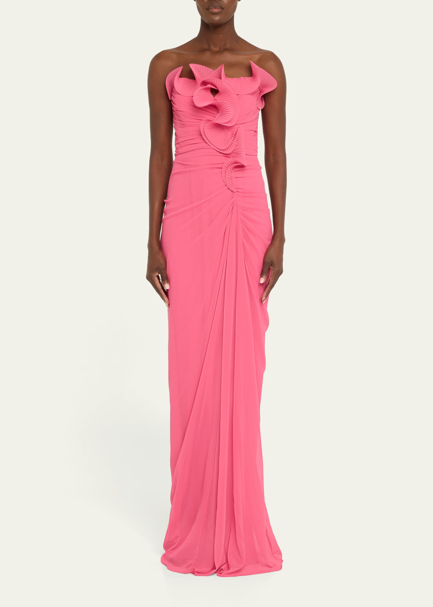 Badgley Mischka Strapless Ruched Ruffle Gown Image 2 of 5