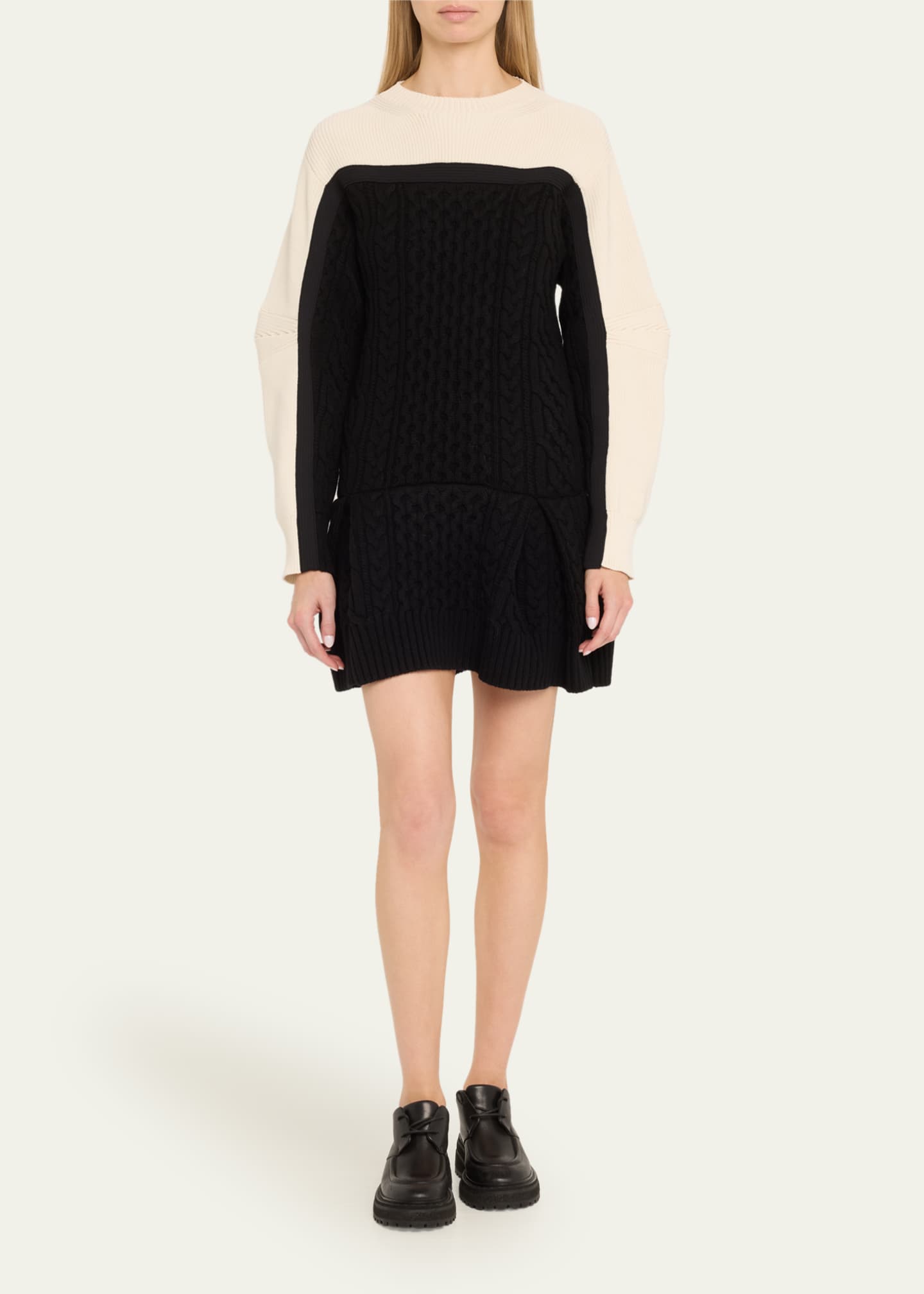 Colorblock Long-Sleeve Wool Mini Dress - Thumbnail 2