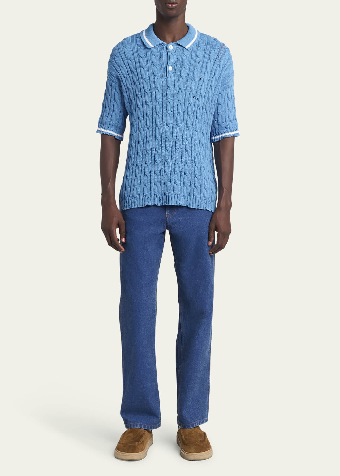 Marni Men's Distressed Cable-Knit Polo Shirt Image 2 of 5