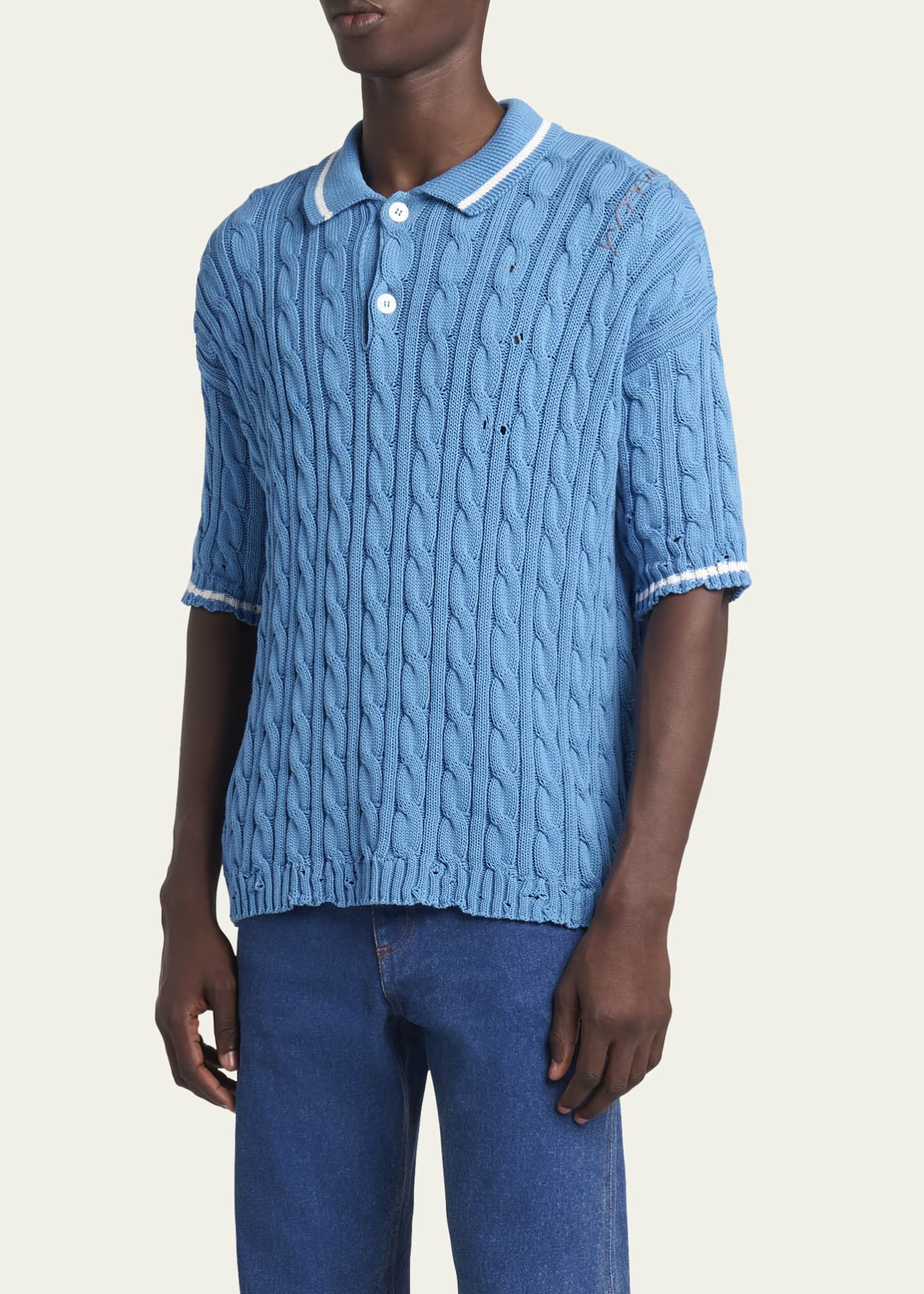 Marni Men's Distressed Cable-Knit Polo Shirt Image 4 of 5