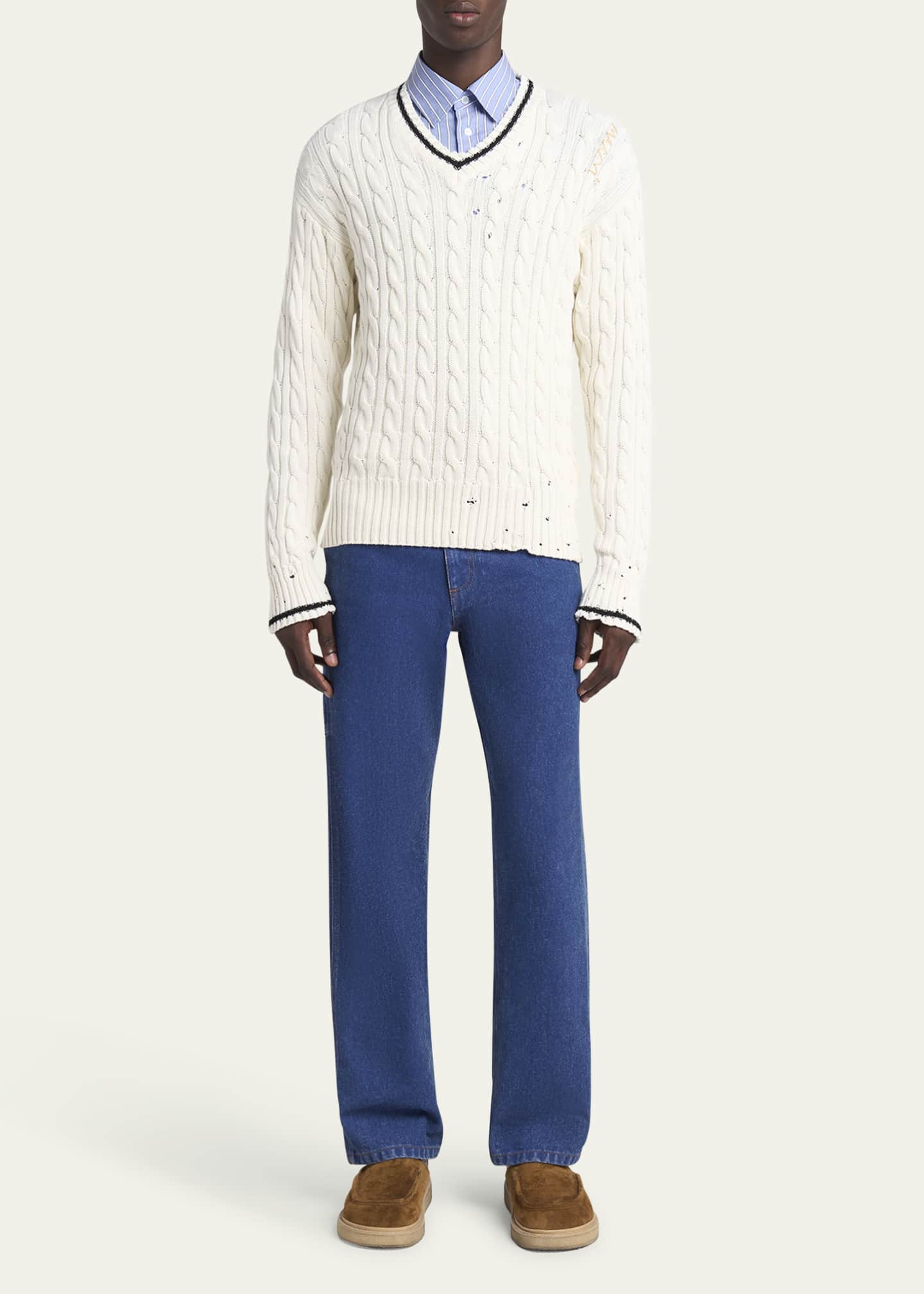 Marni Men's Distressed Cable V-Neck Sweater Image 2 of 5