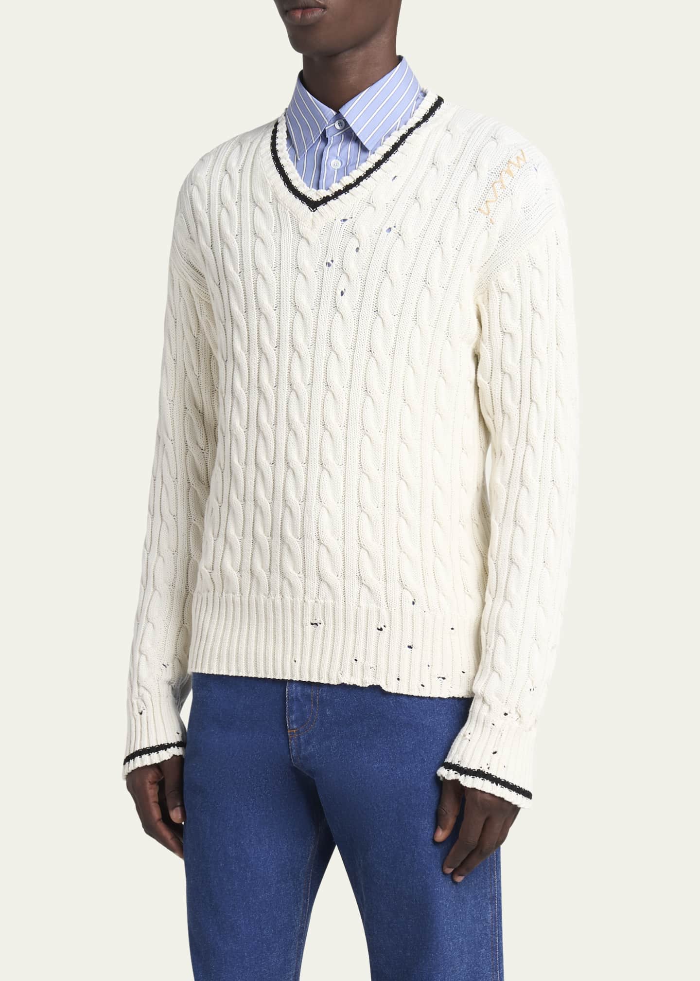 Marni Men's Distressed Cable V-Neck Sweater Image 4 of 5