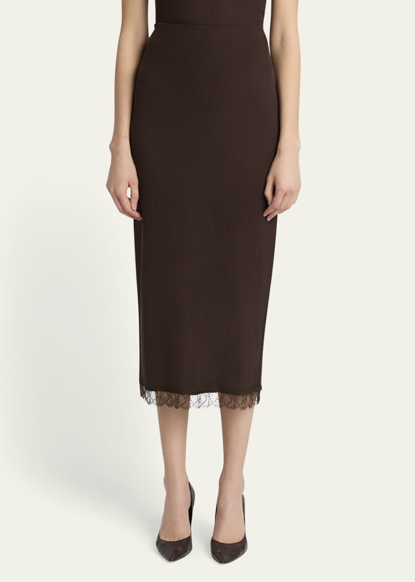 THE ROW Indira Lace-Trim Rib Midi Pencil Skirt Image 2 of 7