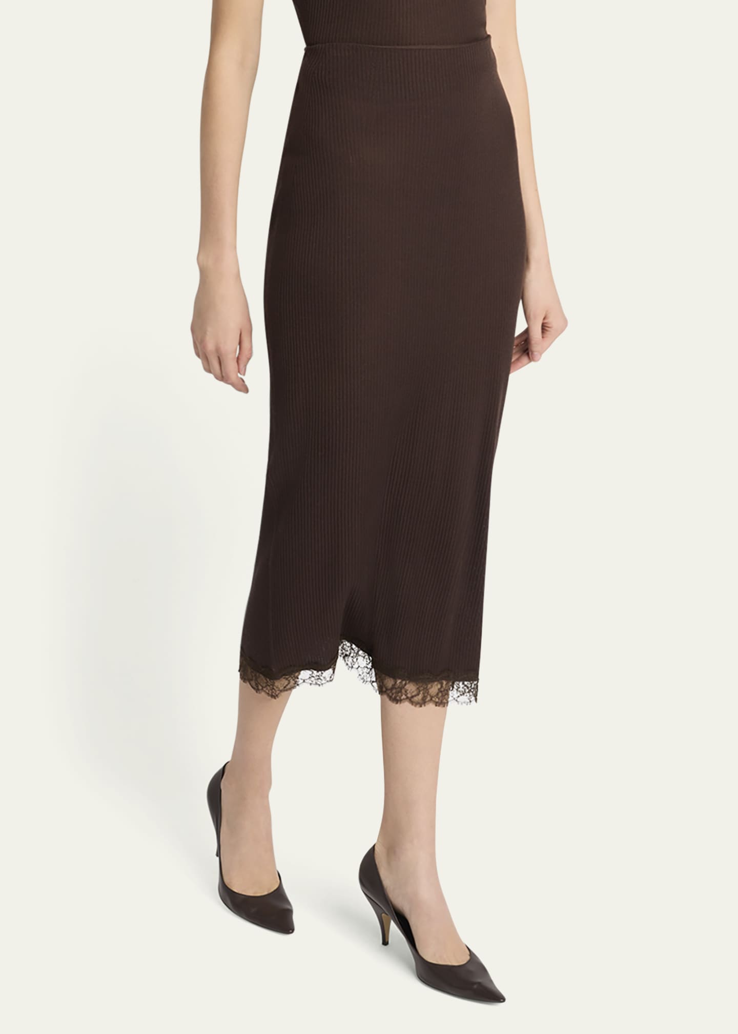 THE ROW Indira Lace-Trim Rib Midi Pencil Skirt Image 7 of 7