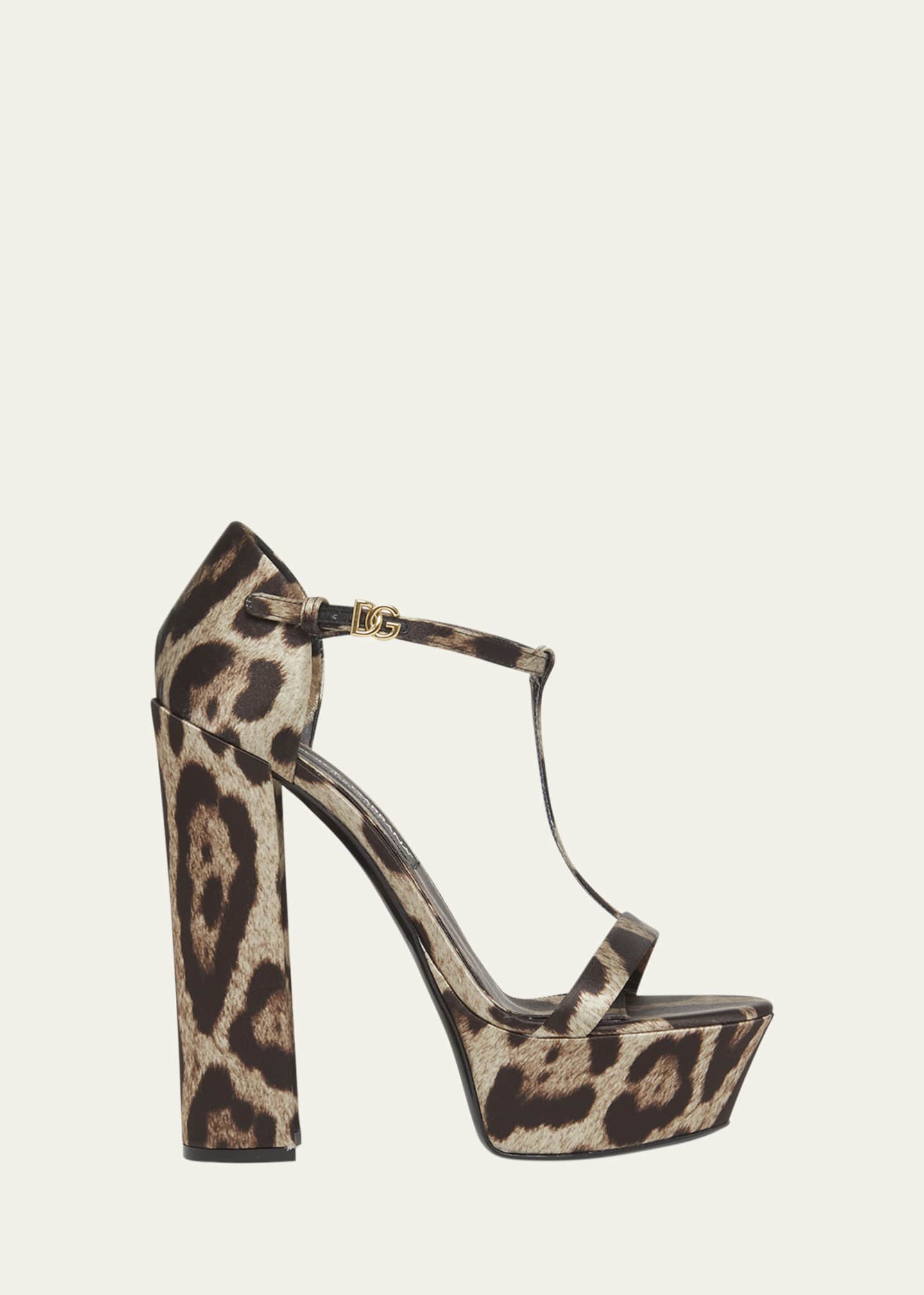 Dolce&Gabbana Keira Leopard Satin T-Strap Platform Sandals Image 1 of 5